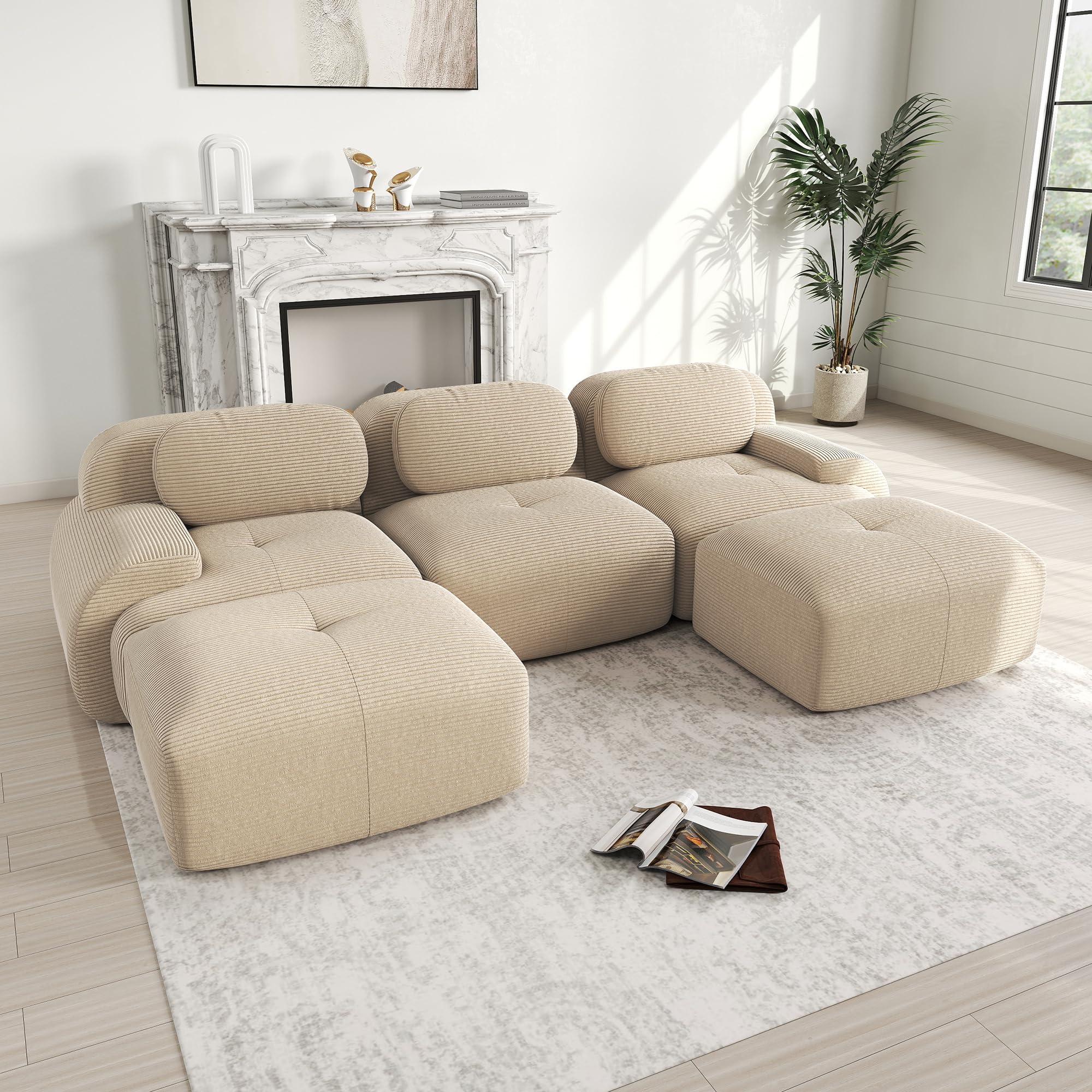 Divano a U 3 Posti in Morbido Velluto a Coste, Componibile Modulare Sofà con Braccioli Curvati, Imbottitura in Schiuma Altamente Elastica per Soggiorno e Camera da letto, Senza Montaggio(Beige)