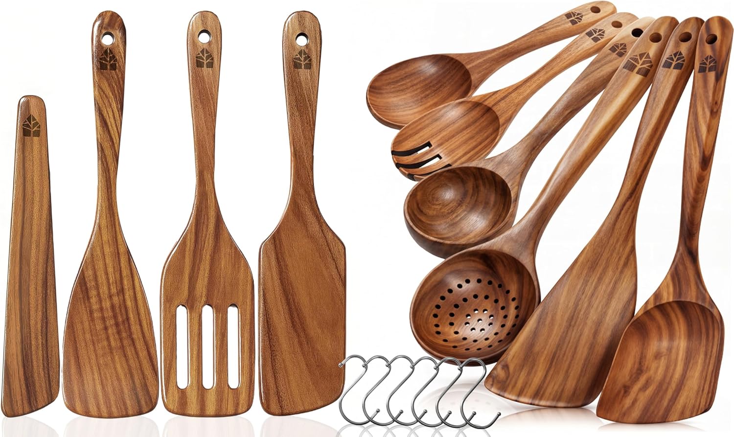 Wooden Spoons for Cooking 6 Pcs with Hooks, Wooden Spatula for Cooking 4 Pcs - Premium Teak Wood - Durable, Nonstick Safe, Easy to Clean, Heat Resistant