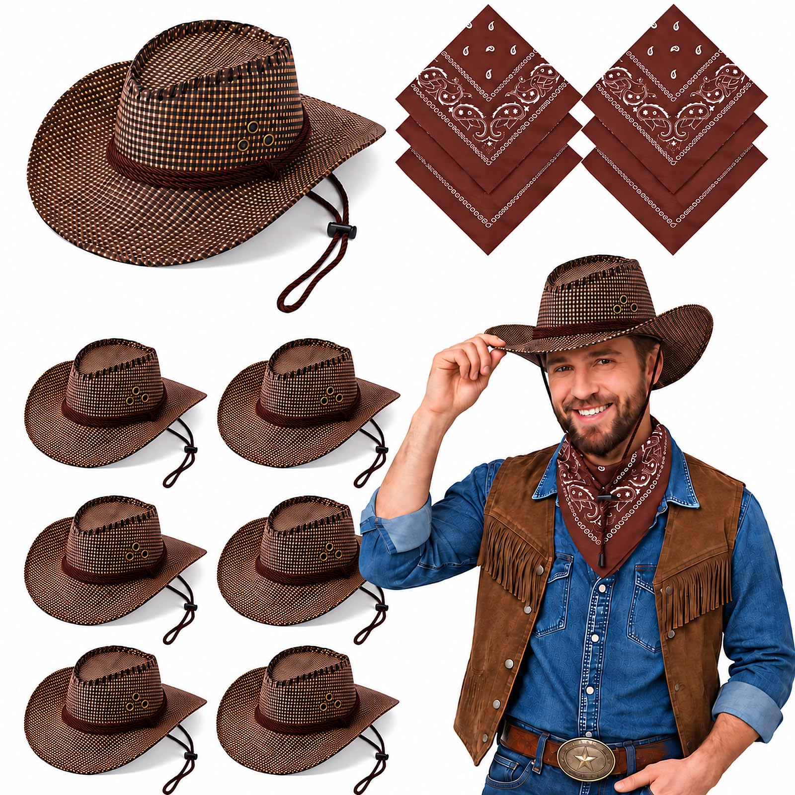 Zhanmai 12 Pcs Cowboy Hats Bulk, 6 Hats with 6 Bandanas
