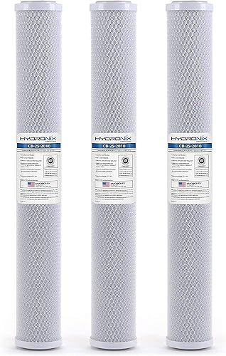 Hydronix HX-CB-25-20103 Filtro de agua universal NSF de bloque de carbón activado de coco, 2.5 x 20 pulgadas, 10 micrones, paquete de 3