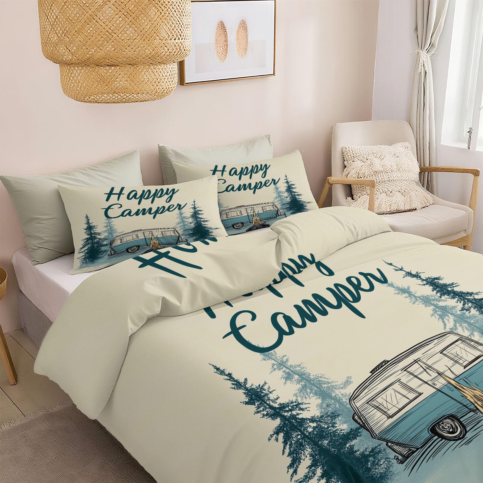 King zestaw pościeli kempingowej Van Bonfire Trees dwustronna poszewka na kołdrę 230 x 220 cm, ultrasoft, hipoalergiczna, nie wymaga prasowania, styl retro, luksusowe zestawy pościeli z zamkiem
