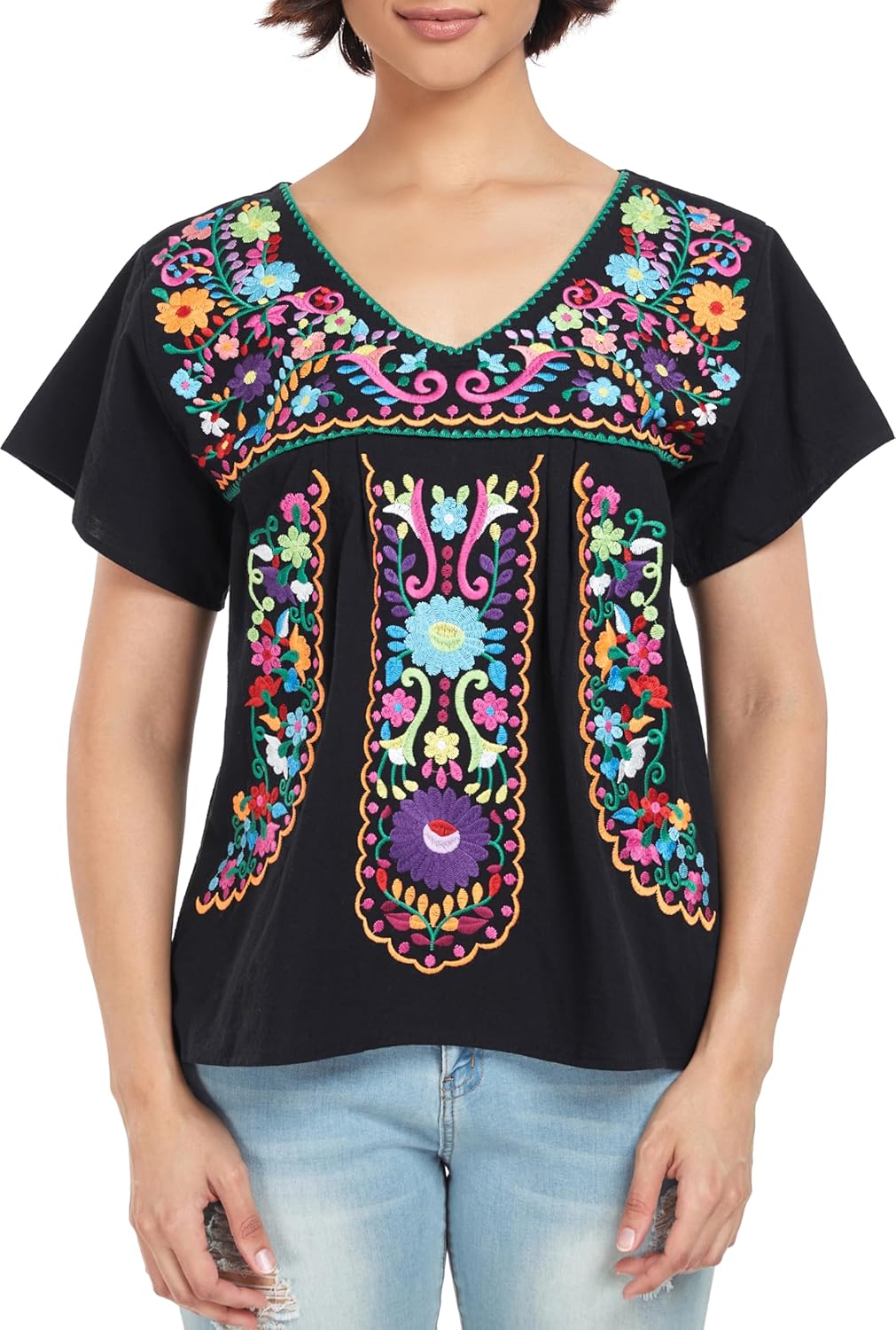 YZXDORWJ Women's Mexican V Neck Top Peasant Embroidered Blouse Traditional Summer Short Sleeve Shirt - Image 4