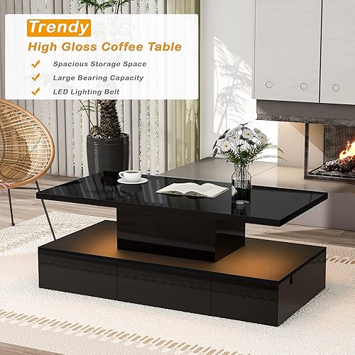 Miniatura 172 de Mesa de centro moderna con 2 cajones de almacenamiento y estantes de exhibición, mesa de cóctel rectangular con luces LED de 16 colores, ideal para