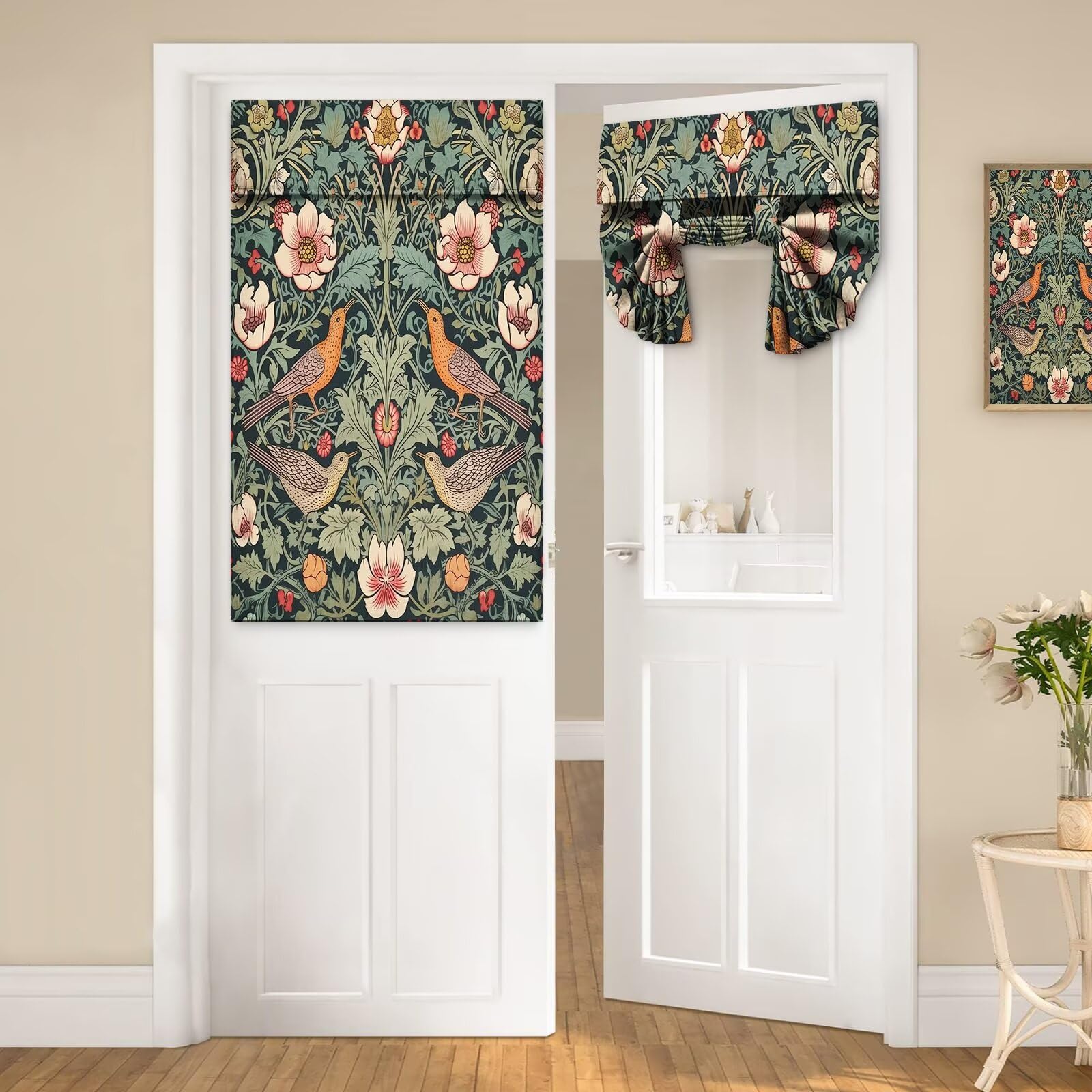 AAVEUP Door Curtains for Door Windows,William Morris Vintage Rustic Greenery Small Strawberry Bird Curtains for French Glass Door,Farmhouse Colorful