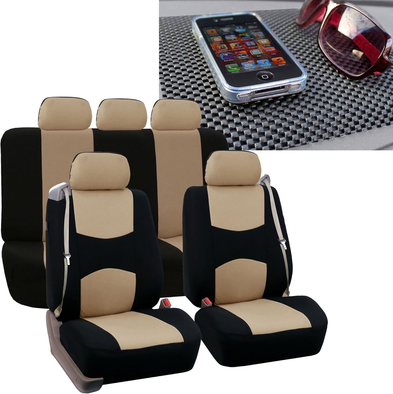 FH Group Car Seat Covers All-Purpose Built-in Seatbelt Seat Covers Full Set with Gift – Universal Fit for Cars Trucks & SUVs (Beige) FB351115