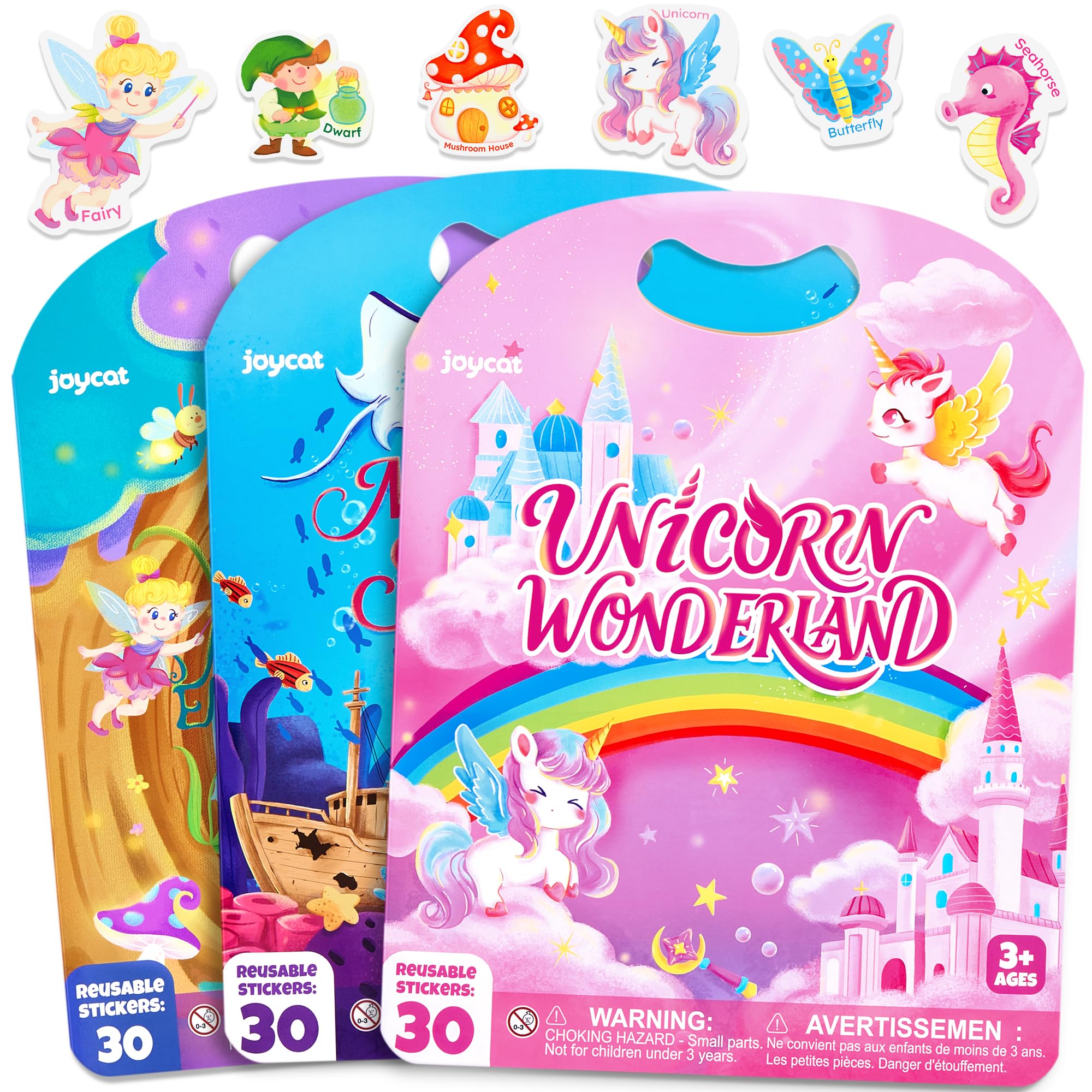 JoyCat Lot de 3 Livres Autocollants Réutilisables: Licorne, Fées, Sirène - 90 Gommettes Enfant, Livre d'activités pour enfants 3 4 5 Ans, Jouets éducatifs, Cadeaux d'anniversaire Garçons et Filles