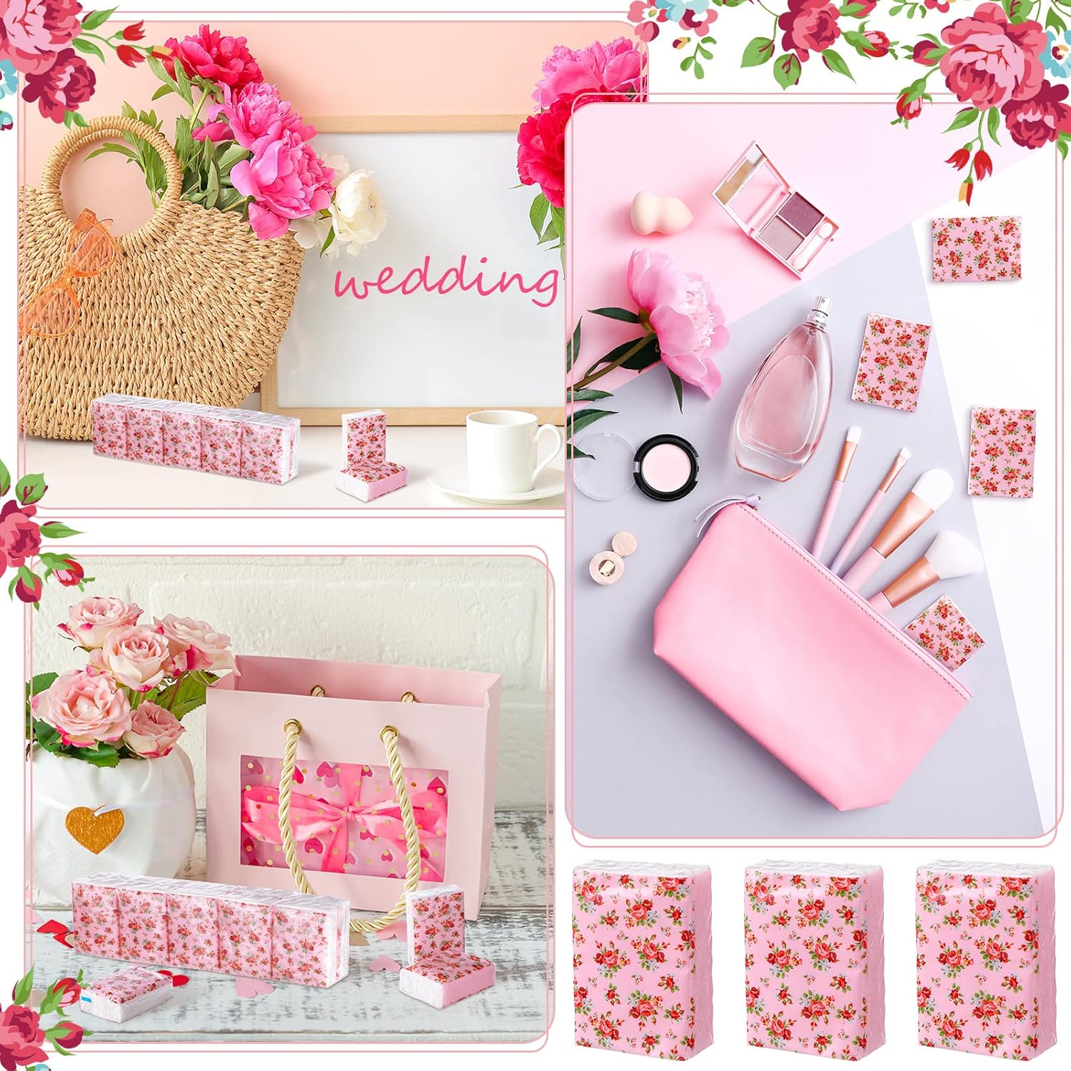 100 Packs Tissue Packs Floral Travel Tissues Packs Pocket Facial Tissues Soft Mini Small Tissues Travel Size Bulk 3 Ply Tissue Packs for Wedding Holiday Spring Picnic Party, 7 Sheets Each Pack