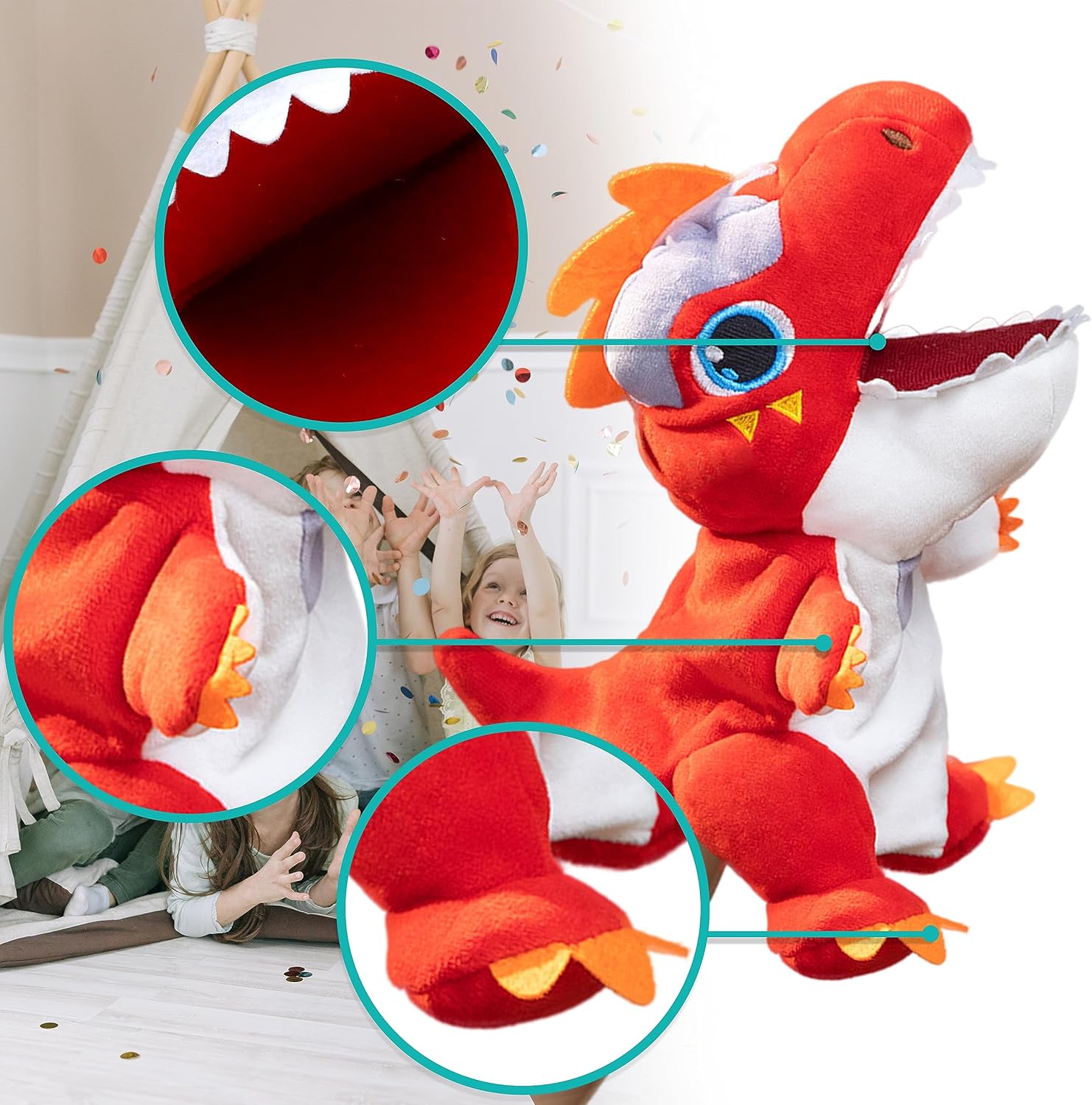 Cuteoy Plush Red T-Rex Hand Puppet Stuffed Animal Toy Open Movable Mouth Creative Role Play Storytelling Dinosaur Plushies Gifts for Kids Toddlers Birthday Christmas