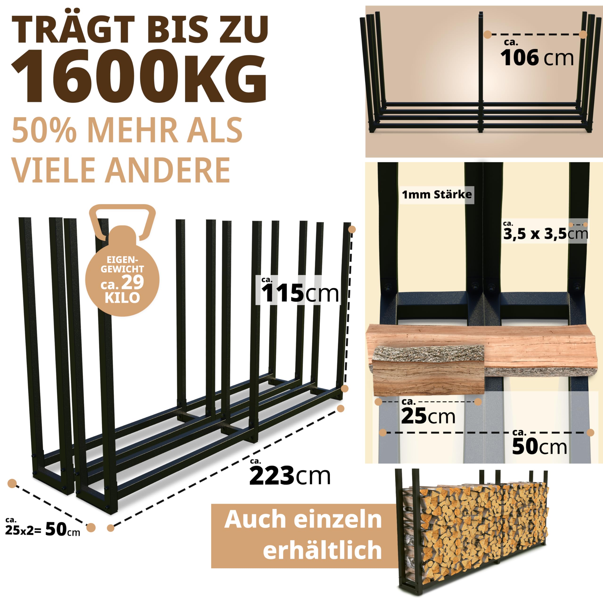 Kaminholzregal aussen Metall 2 Stück 223 × 115 x 25cm I = 50cm tief I verzinkt mit 1x 61cm Abdeckplane – Kaminholz Regal Holzunterstand draußen Stapelhilfe für Brennholz Garten I Terrasse schwarz | 223 × 115 × 25 cm, Schutzhülle 61 cm, wetterfest, Aufbewa