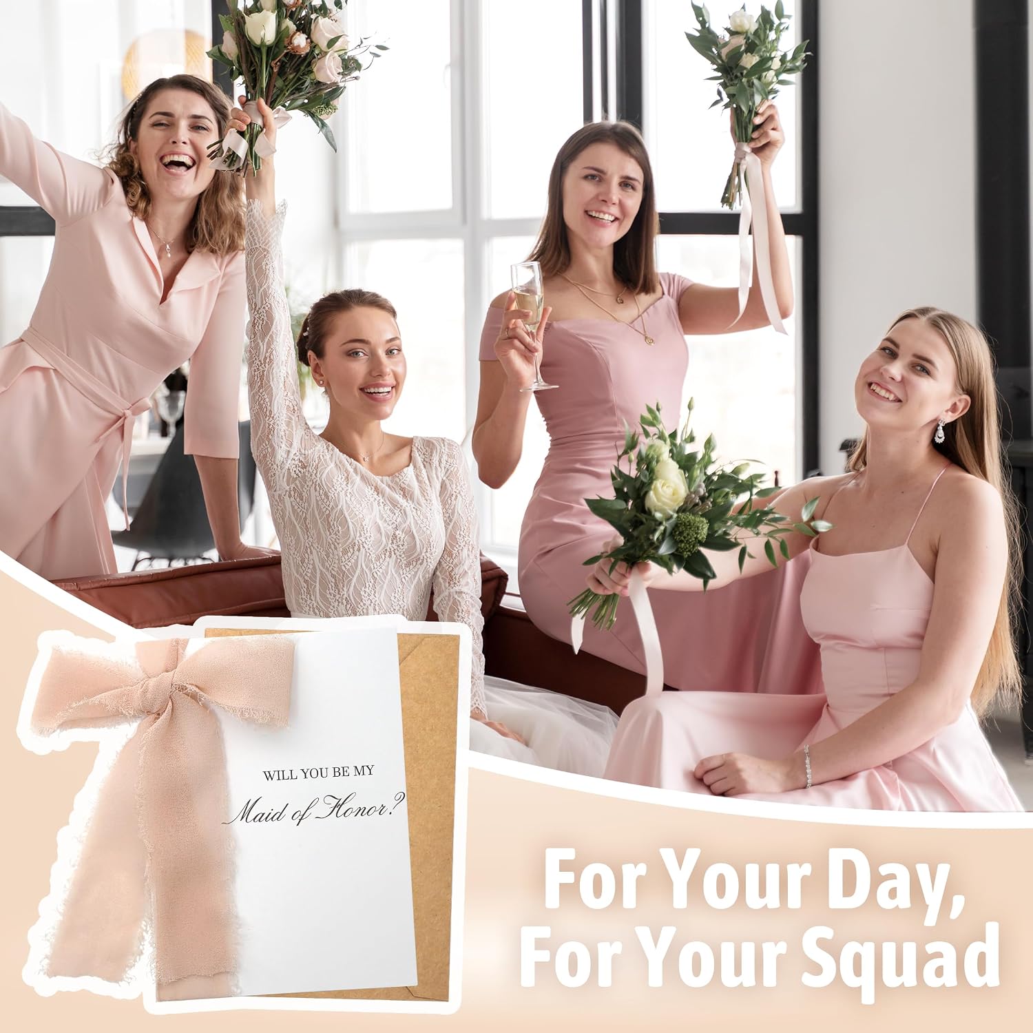 Maid of Honor Proposal Gift Set - Will You Be My Maid of Honor Card with Envelope, Gold Stickers & Ribbon Bow for Wedding or Bridal Shower, Champagne