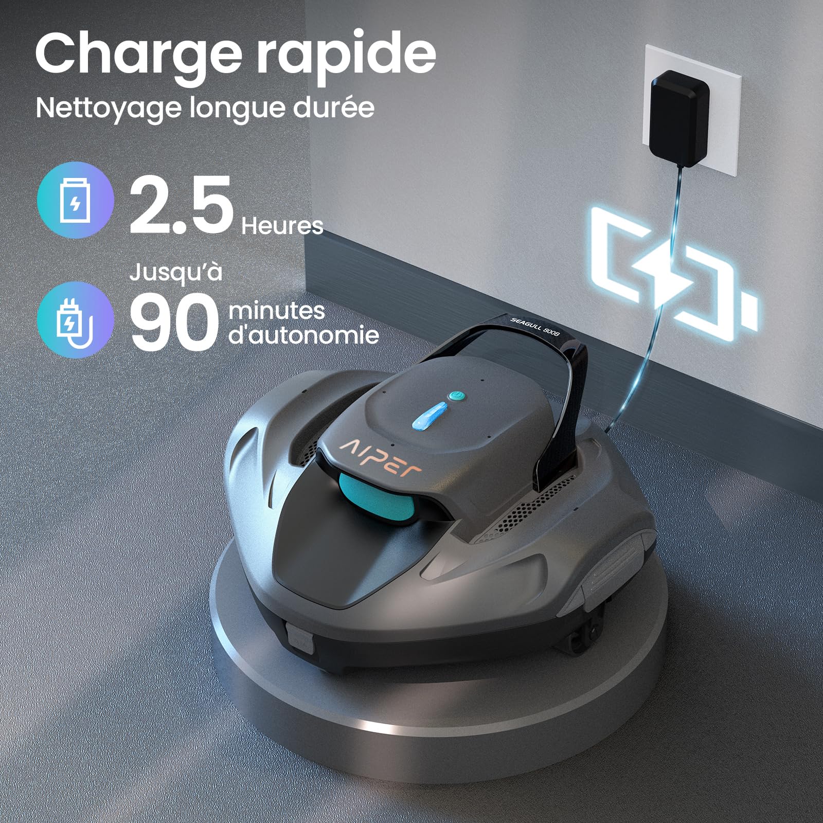 AIPER Seagull 800B Robot Piscine, Aspirateur Piscine Hors Sol, 90 Min d’Autonomie, Stationnement Automatique, Affichage LED, Robot Piscine sans Fil pour Piscines Hors-Sol Jusqu’à 80 m²