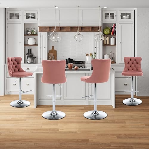 Miniatura 122 de Aoowow Juego de 2 taburetes de bar giratorios ajustables con respaldo de terciopelo copetudo, sillas de bar modernas tapizadas con cabeza de clavo