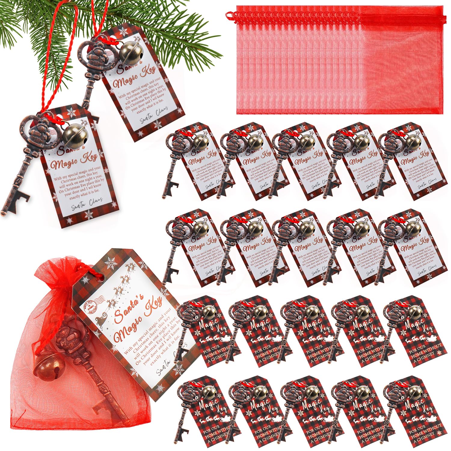20 Set Christmas Santa Key Ornament for No Chimney Houses Vintage Metal Skeleton Charm Santas Magic Key with Santa Claus Card and Red Organza Bags for Christmas Tree Party Decoration