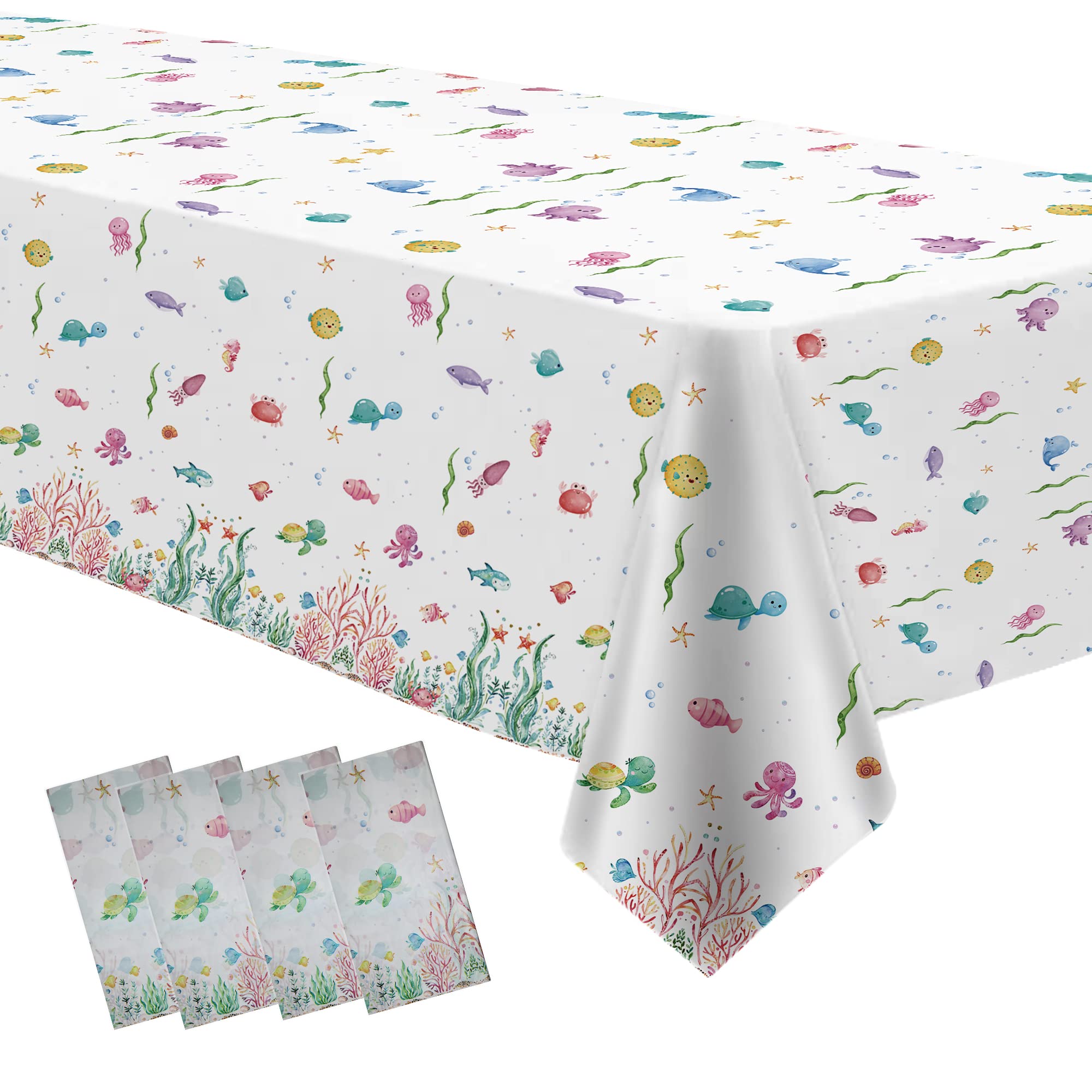 Under The Sea Party Tablecloth Decorations - Disposable Ocean Theme Table Cover for Birthday & Baby Shower, Underwater Sea Life Theme Under The Sea Table Decorations - 4 Pack (54in x 108in)