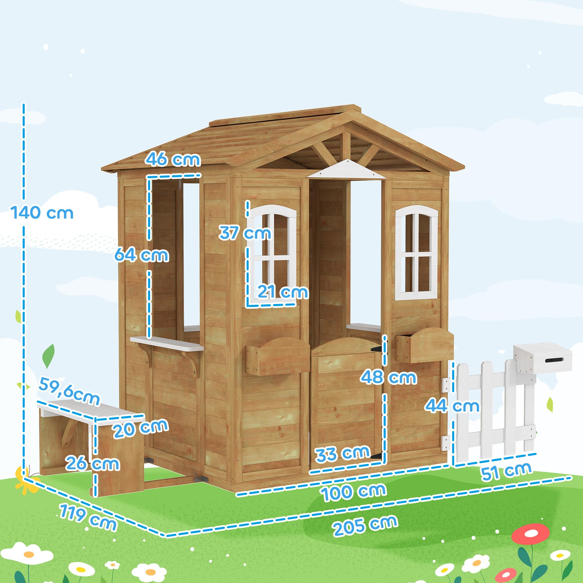 Outsunny Casita Infantil Exterior de Madera Casita Infantil de Jardín con Buzón Ventanas Jardinera Mostrador y Banco Casa de Juegos para Niños a Partir de 3 Años Natural