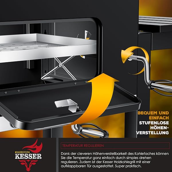 KESSER® Parilla de Carbón con Carrito Grill con Tapa, Ruedas, Mango de Acero Inoxidable | Barbacoa, Cepillo, Cubierta y Termómetro Carbón Wagen Grande BBQ Barbacoa Camping, Jardín XL Negro - 5
