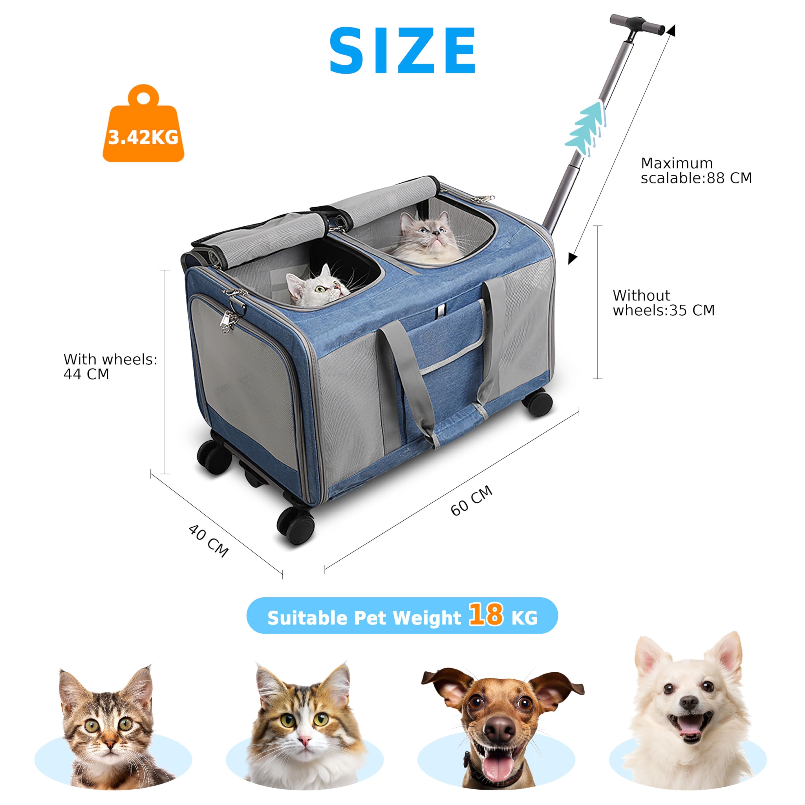 ALLSOPETS Grande Trasportino per Animali con Ruote Trasportino a Doppio Scomparto per 2 Gatti e Cani con Manico Telescopico Borsa da Viaggio Pieghevole e Portatile per Travel Camping Outdoors Blu