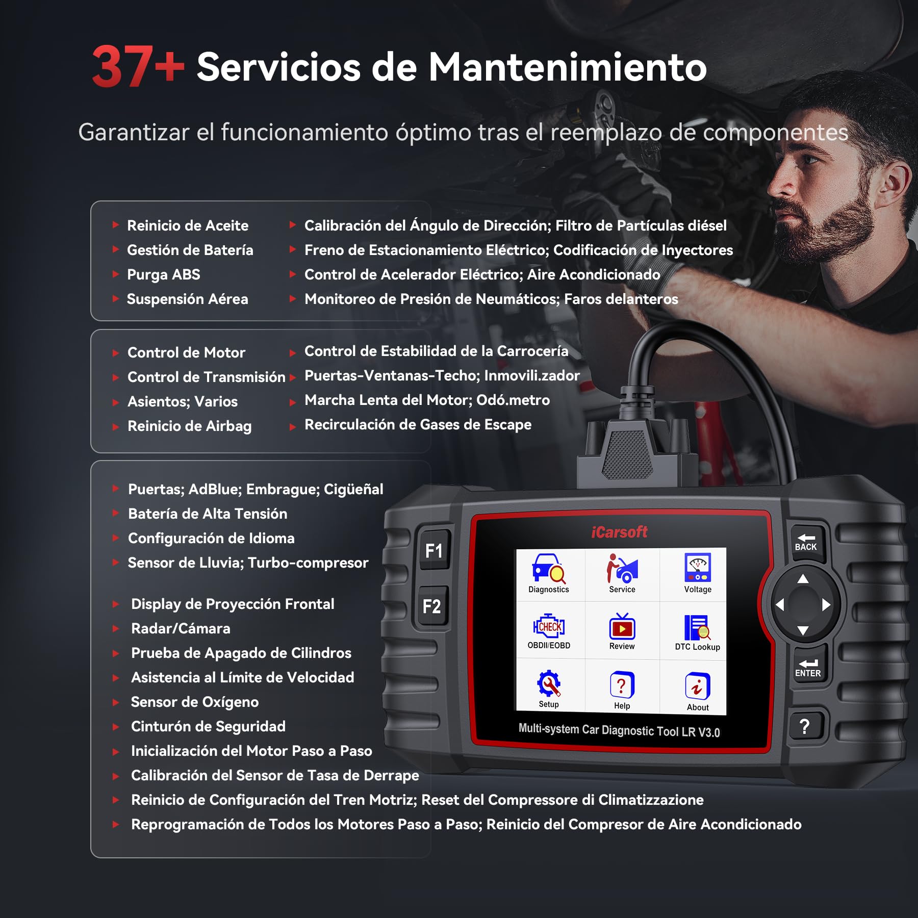 iCarsoft LR V3.0 OBD2 Máquina Diagnosis Coche para Land Rover/Jaguar, Bidireccional Escáner de Todo el Sistema, 37+ Funciones Reinicio, Prueba de Batería, Vin Automático, Actualizaciones de por Vida
