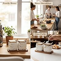 Vista 9 de 2 juegos de azucareros de cerámica de mármol, tarros de condimentos de cerámica con tapa de madera y cuchara de madera (negro)