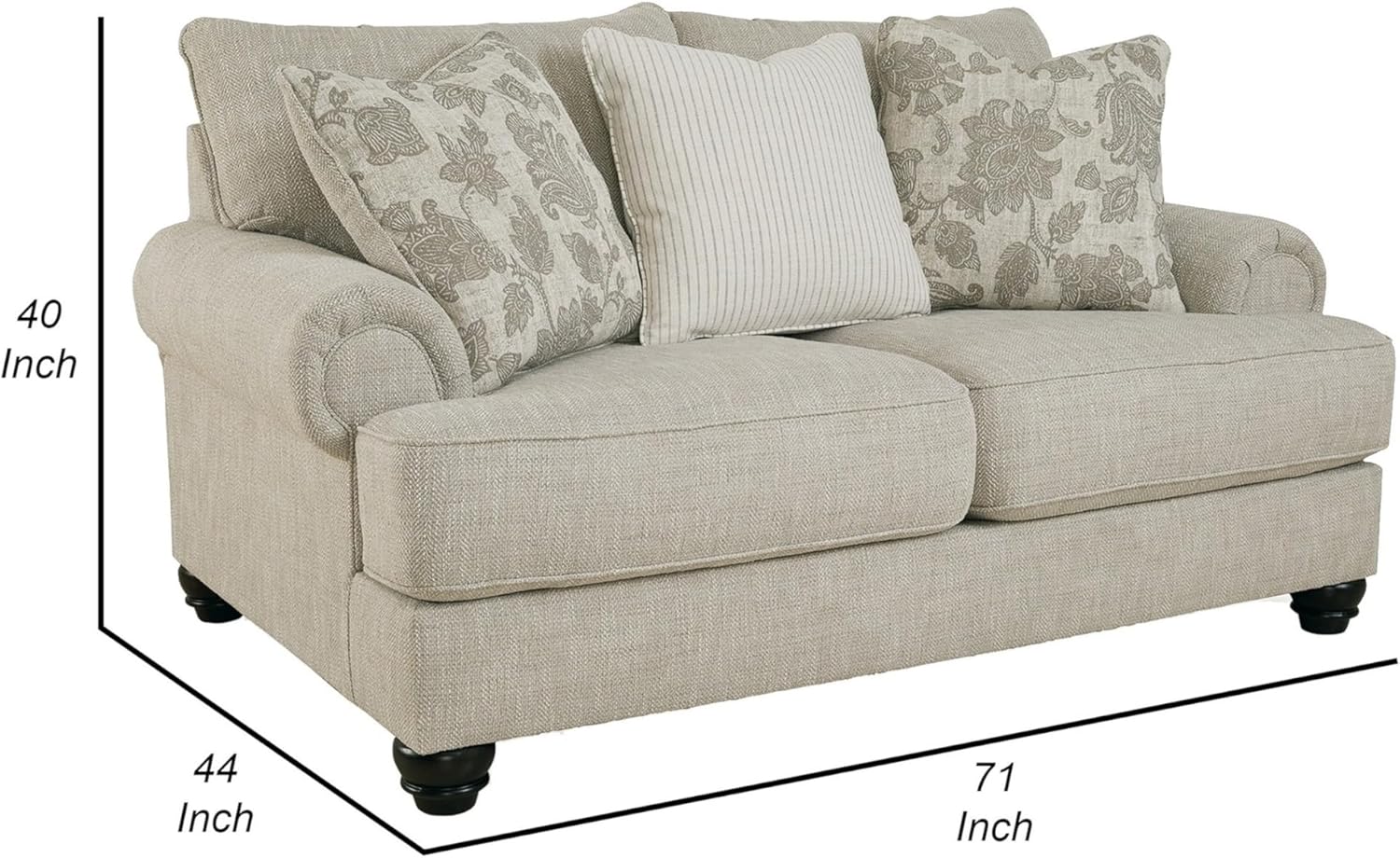 Benjara Asen 71 Inch Loveseat with 3 Accent Pillows, Roll Arms, Polyester, Beige, Brown, Black and Ivory