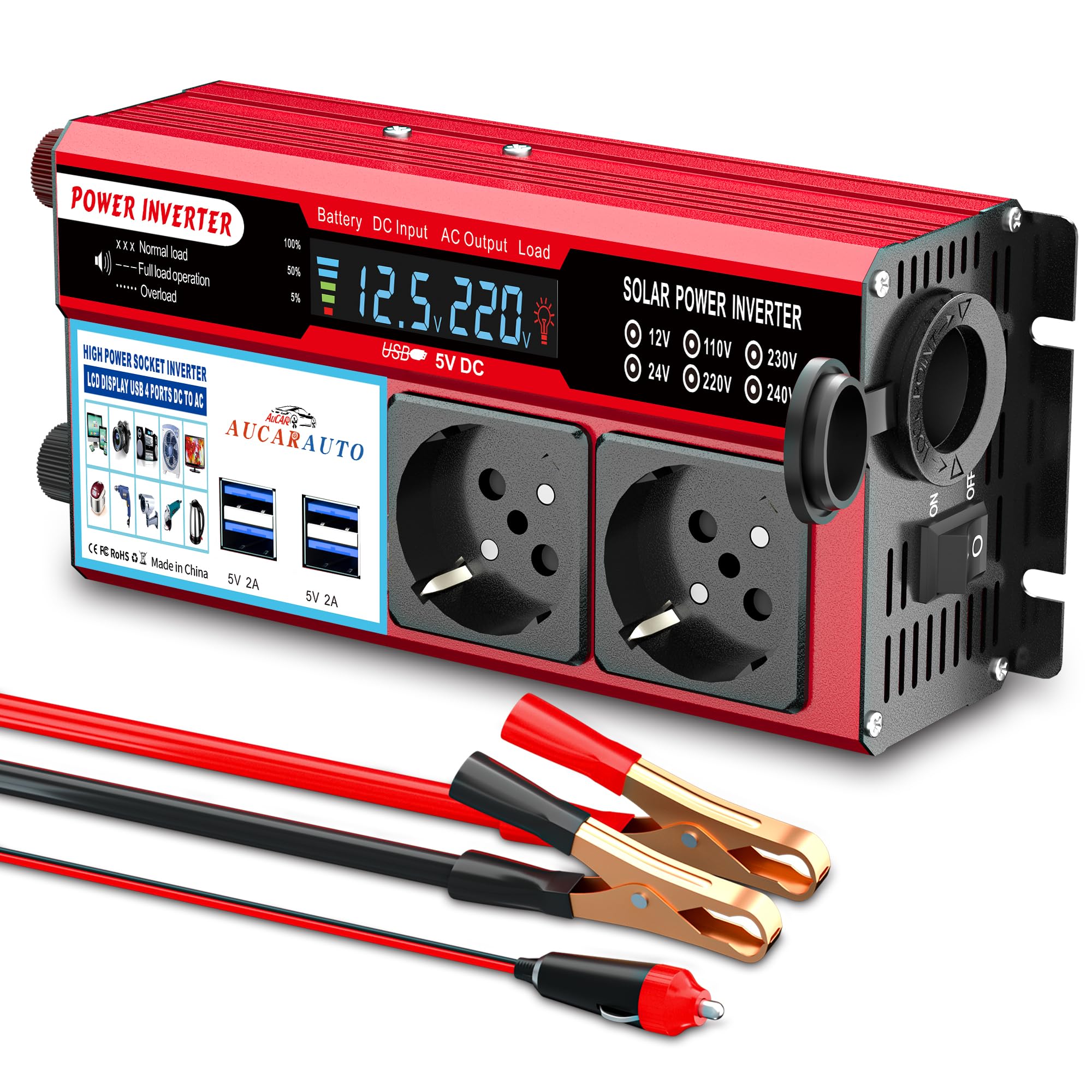 Transformador de tensión de 500 W con pantalla digital LED, inversor de 12 V a 230 V, con 4 puertos USB-A y 2 enchufes para coche, carga tu ordenador portátil, iPad, iPhone, tablet y más