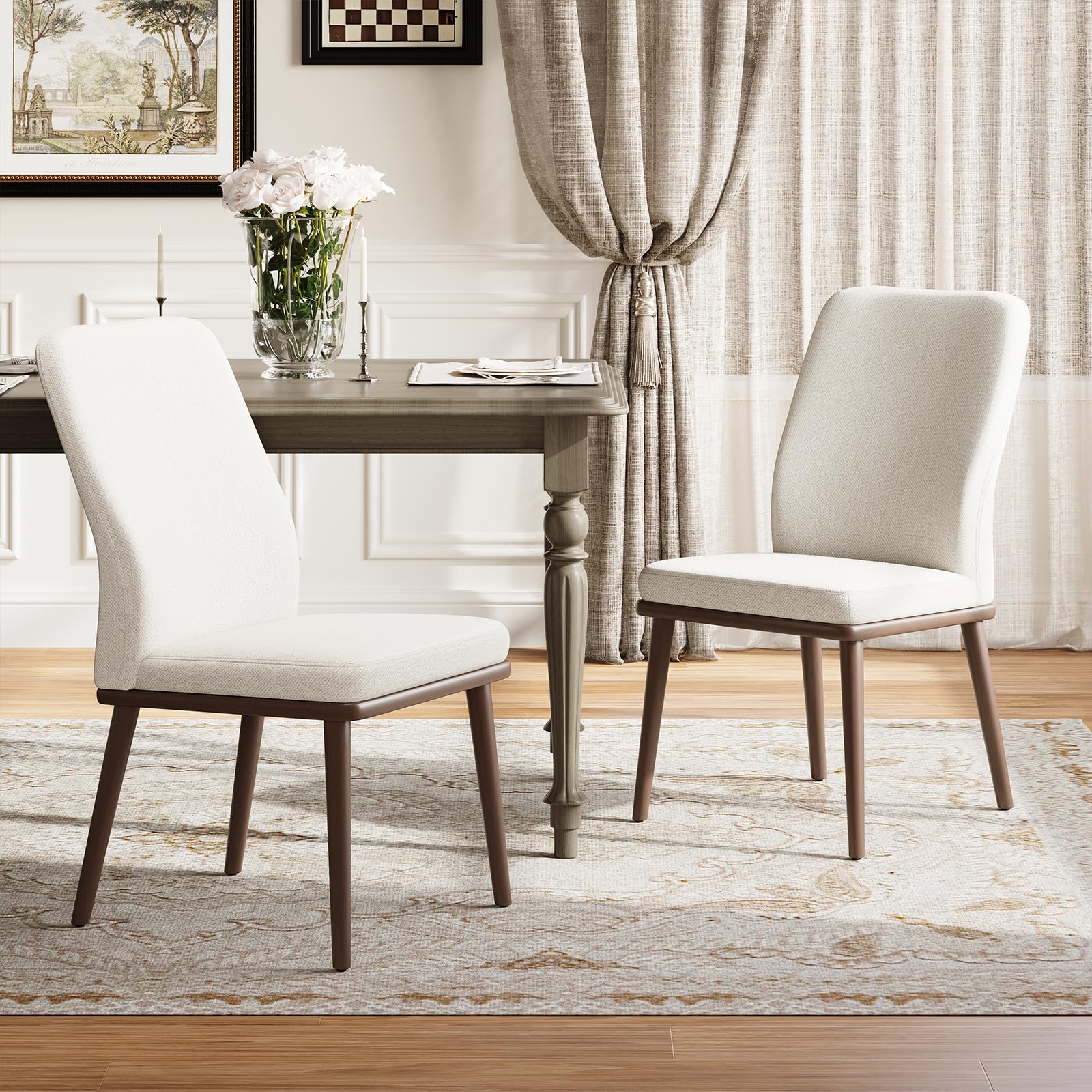 MALOL Upholstered Dining Chairs Set of 2, Modern Kitchen Chairs with High Back, Padded Fabric Dining Room Chair with Solid Wood Legs for Restaurant/