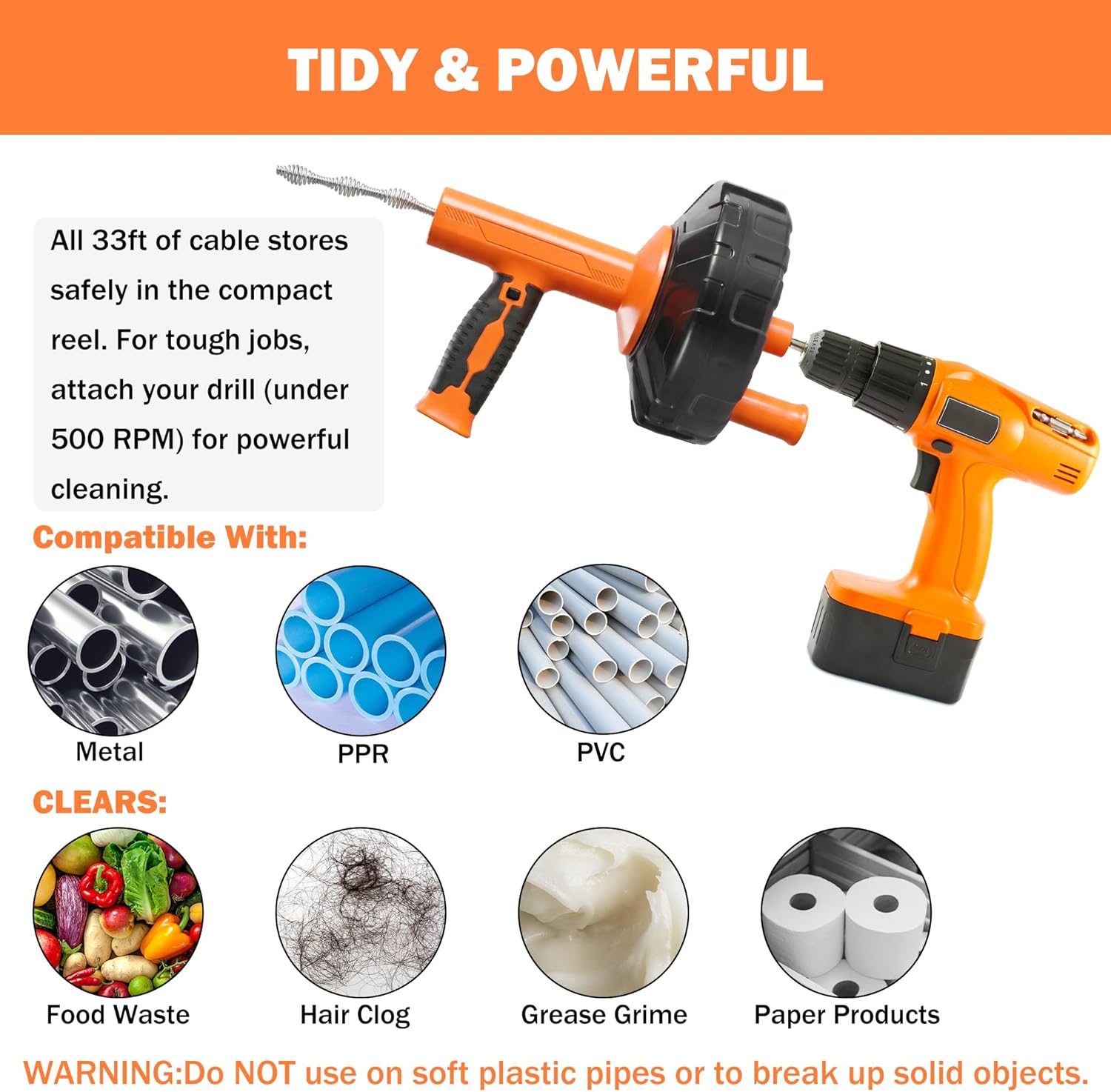 Drain Snake Hair Drain Clog Remover with Drill Adapter, 33ft Flexible Steel Spring Head Drain Augers, Manual or Powered, Sink Drain Snake Clog Remover for Bathroom Kitchen Tub Shower Drain Snake