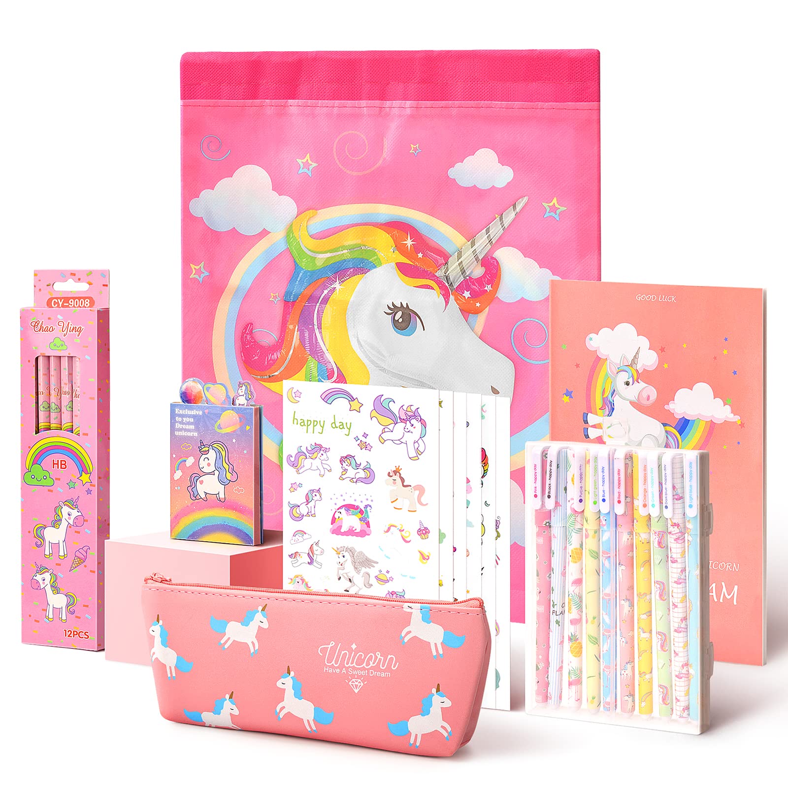 Anyfirst 37 Pz Unicornio Papeleria Regalo de Cumpleaños, Regalos de Unicornio Incluir Estuche Escolar y Cuadernos y Adhesivas, Estuche Unicornio para Niña 6 7 8 9 10 Años (Rosado)