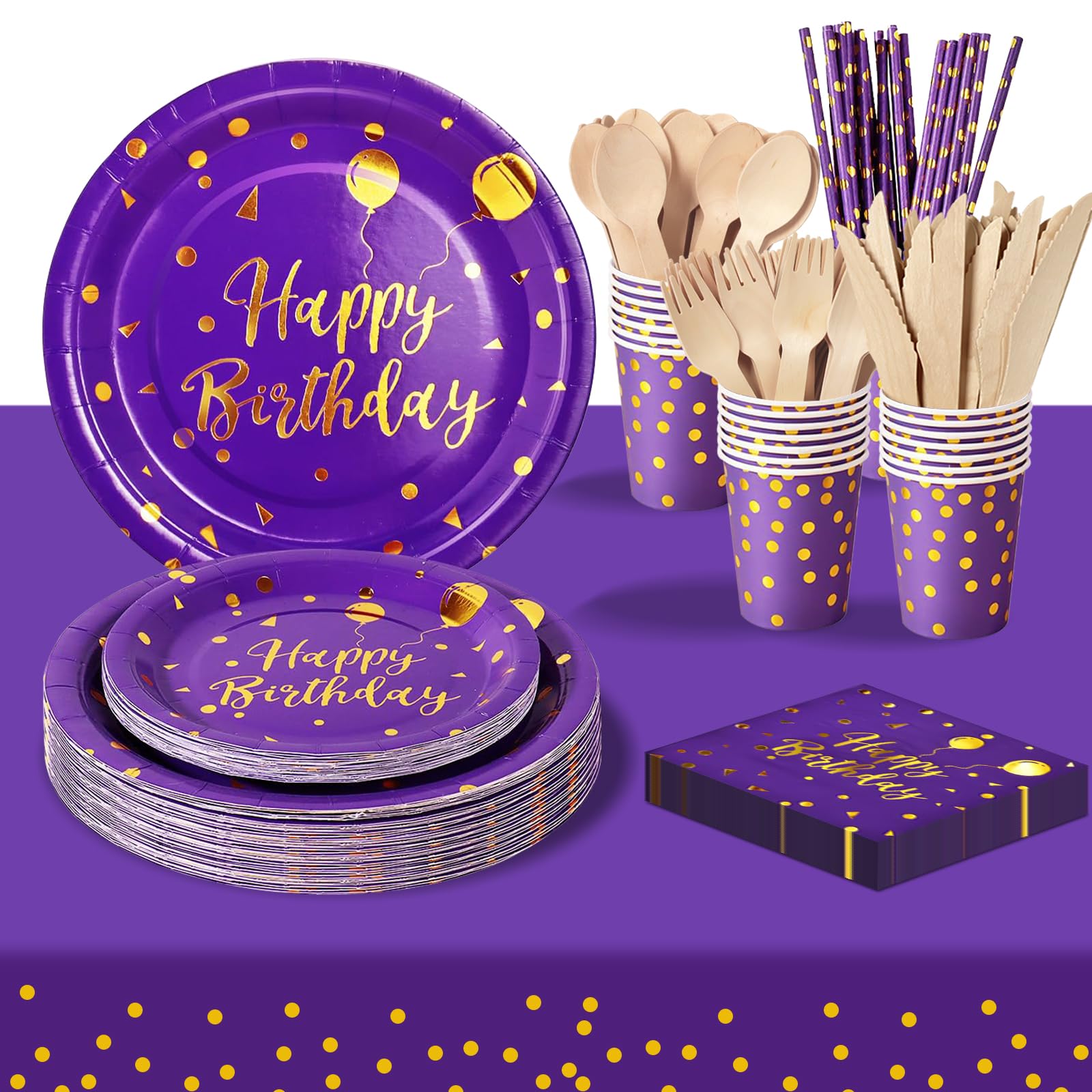 PYAILI Party Paper Plates 193Pcs Purple Gold Happy Birthday Theme Kids Birthday Decoration Party Accessories Set Includes Paper Plates Napkins Cups Wooden Knive Fork Spoon-24 Guests