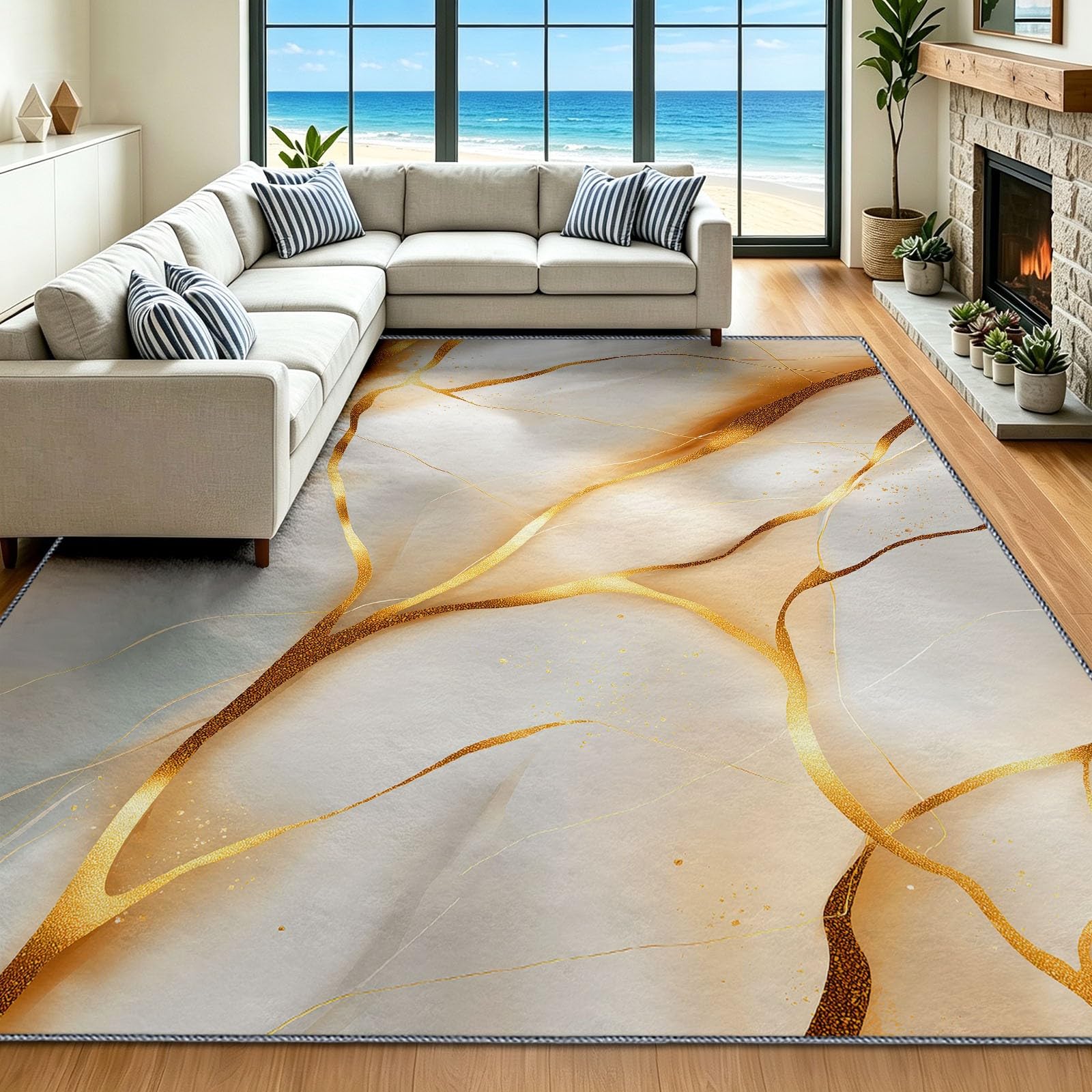 Alfombra de pasillo lavable abstracta vintage bajo pelo blanca