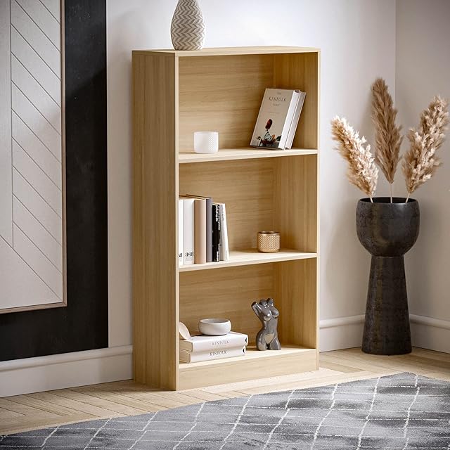 Vida Designs Cambridge 3 Tier Medium Bookcase, Oak Wooden Shelving Display Storage Unit Office Living Room Furniture