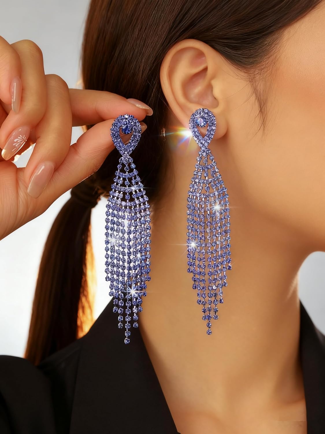 Rhinestone Earrings Dangling for Women Sparkly Silver Dangle Earrings Girls Long Chandelier Earrings Tassel Lightweight Ear Studs Cubic Zirconia (KE001S-W) - Image 6