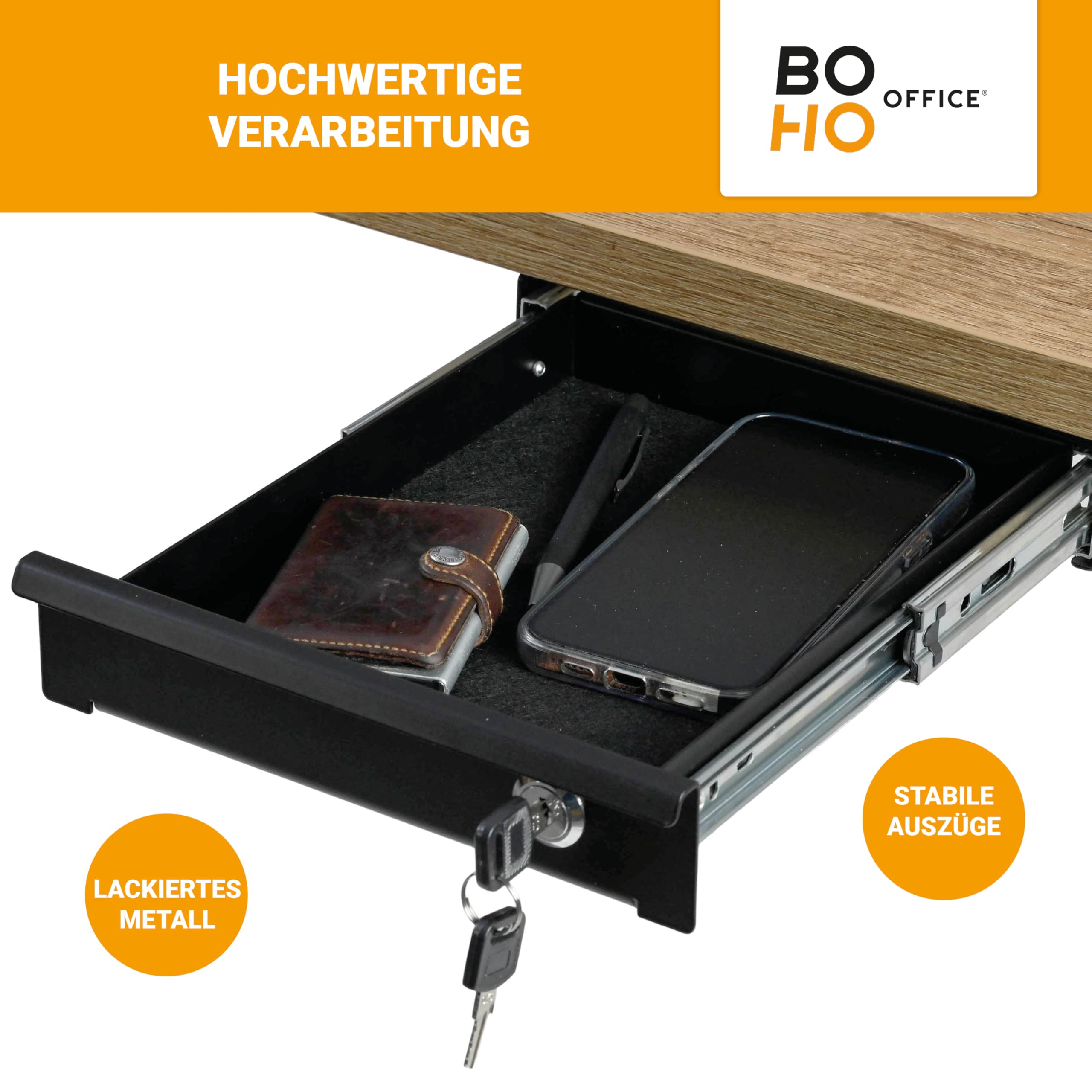 boho office® Schreibtisch Schublade schwarz – abschließbar mit Schloss, inkl. Organizer & Filz, Untertisch-Schublade für Büro & Home-Office, Breite 24,8 cm