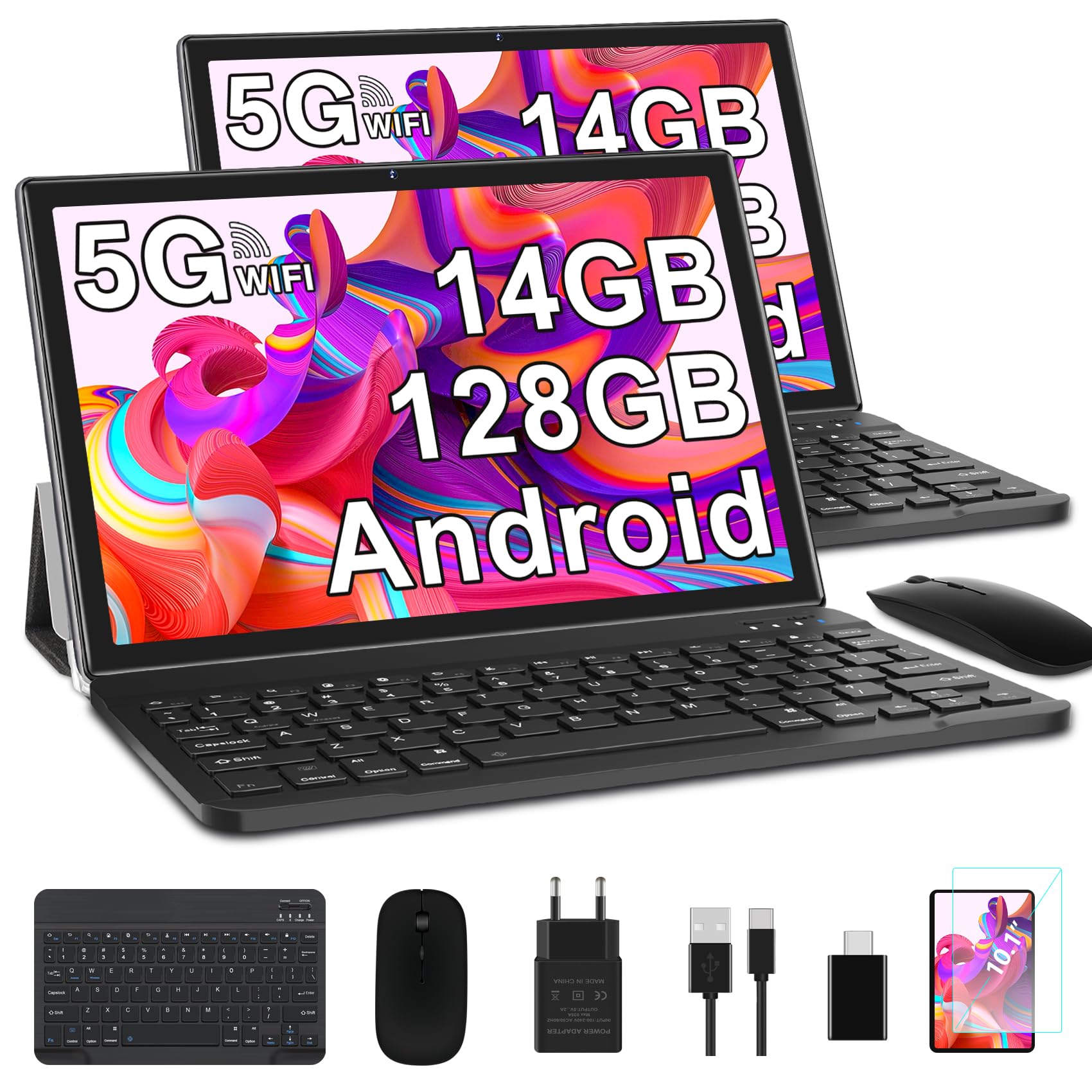 Tablet Android de 10 pulgadas con 14 GB RAM + 128 GB ROM (2 TB TF), 5 G/2,4 G, WiFi, Quad-Core, GPS, Bluetooth 5.0, 8 MP + 5 MP, tipo C, tableta táctil con funda, teclado y ratón, color negro