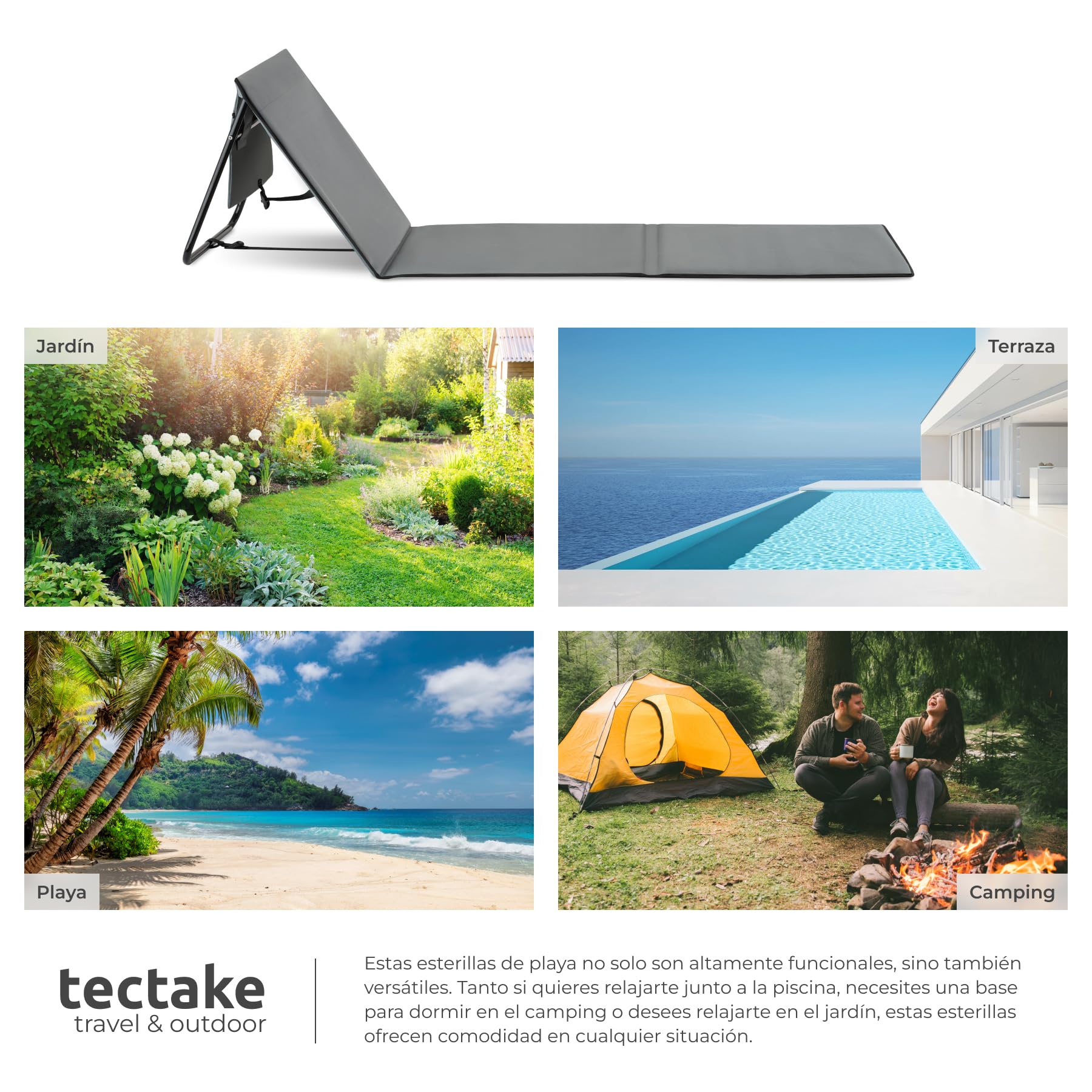 tectake® Set de 2 Esterillas de Playa Plegables con Respaldo Ajustable, Tumbona Plegable Ligera, Tumbona Playa con Asa de Transporte y Relleno de Espuma, Tumbonas Jardín Exterior, Piscina, Camping