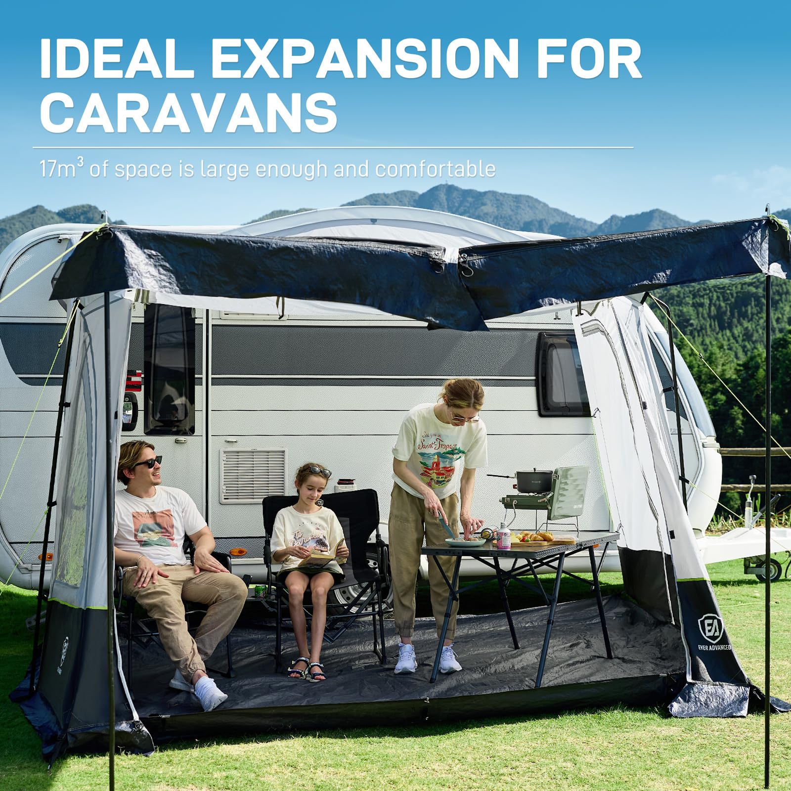 EVER ADVANCED Vorzelt Wohnwagen 350x260x245cm für Wohnmobil mit 2 Fenstern Seitentüre, großerer Tür als Dach, Reisevorzelt PU 3000mm wasserfest geeignet für Reise, Familie zusammen, Camping