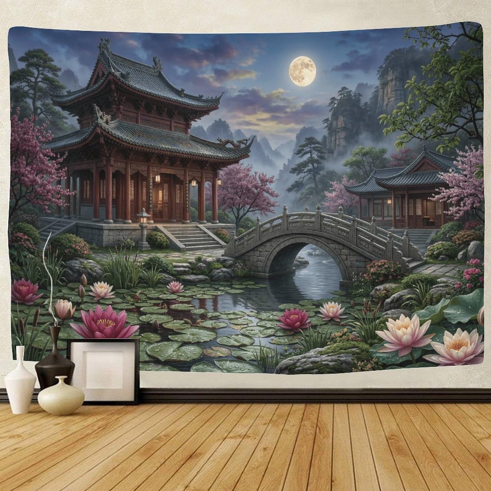 GPMNBCXZK Japanese Pagoda Moonlit Garden Decor 3D Printed Bedroom Wall Art Home Tapestry 130cmx150cm