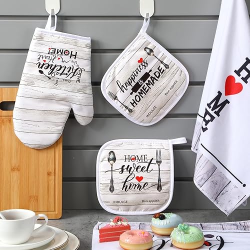 Miniatura 4 de Rtteri Juego de 5 toallas de cocina estilo granja, 2 tablones de madera vintage, 1 guante de horno, 2 agarraderas para cocinar, hornear, asar a la