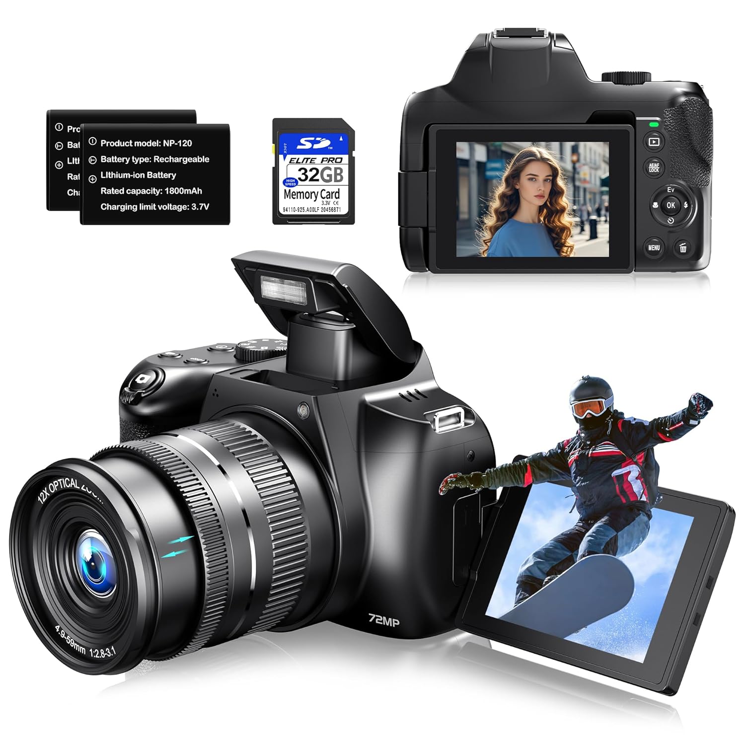 4K Digital Camera for Photography & Vlogging, 12X Optical Zoom, 72MP Autofocus Camera with WiFi App Control, 180° Flip Screen, Wide Angle & Macro Lens, 32GB SD Card