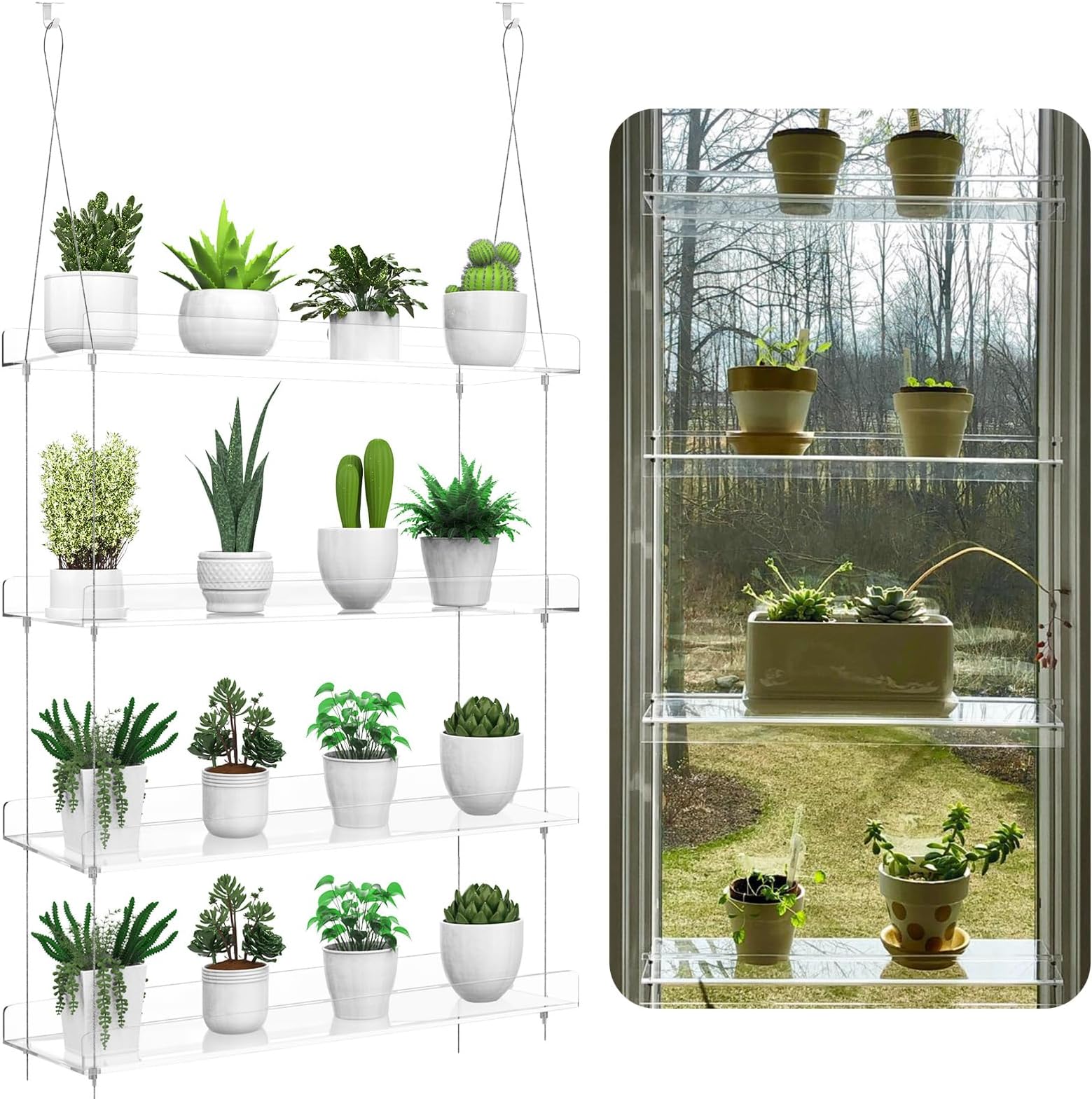 4-Tier Hanging Clear Plant Shelves for Windows, Acrylic Window Wall Plant Stand Shelf for Kitchen Indoor Gardens, Flower,Herb, Seedling Organization, and Pots Display, 16 Inch per Tier