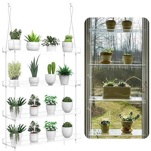 4-Tier Hanging Clear Plant Shelves for Windows, Acrylic Window Wall