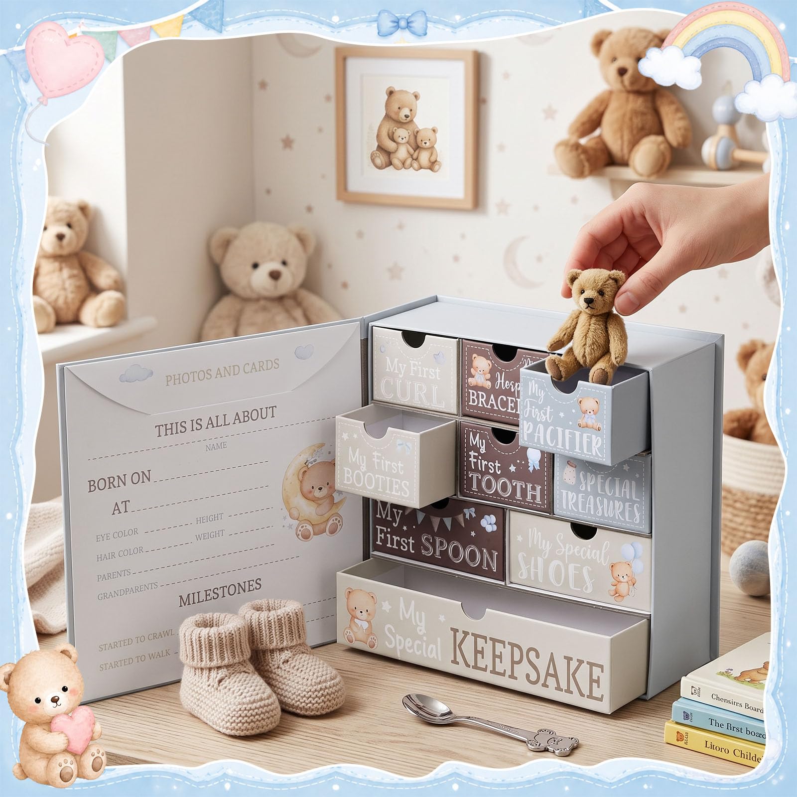 Pajean Caja de recuerdos de oso de peluche para recién nacido, caja de