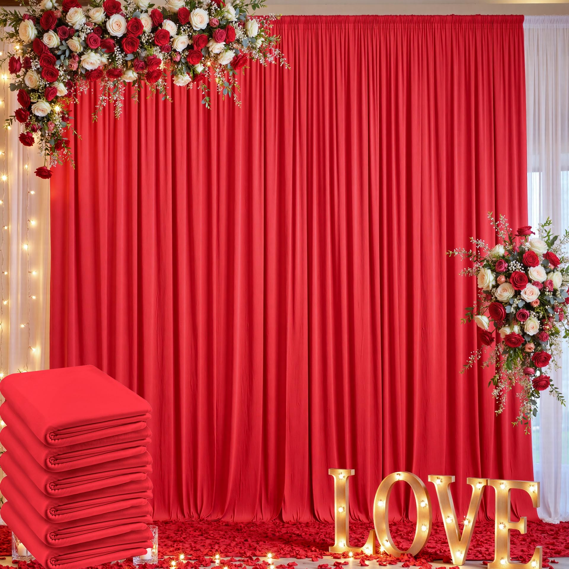 Faltenfreier Hintergrund für Partys, 9 x 3 m, 6 Paneele, 15,2 x 3 m, seidiges Polyester, Rot, Foto-Hintergrund, für Geburtstag, Mottoparty, Hochzeit, Fotografie-Hintergrund