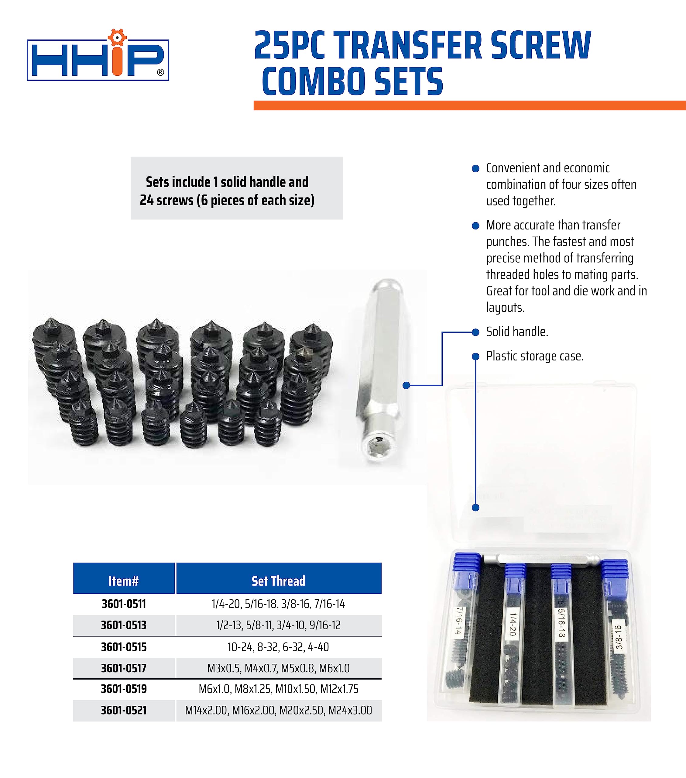 HHIP 3601-0519 Lot de 25 vis de transfert M6 x 1, M8 x 1,25, M10 x 1,5, M12 x 1,75