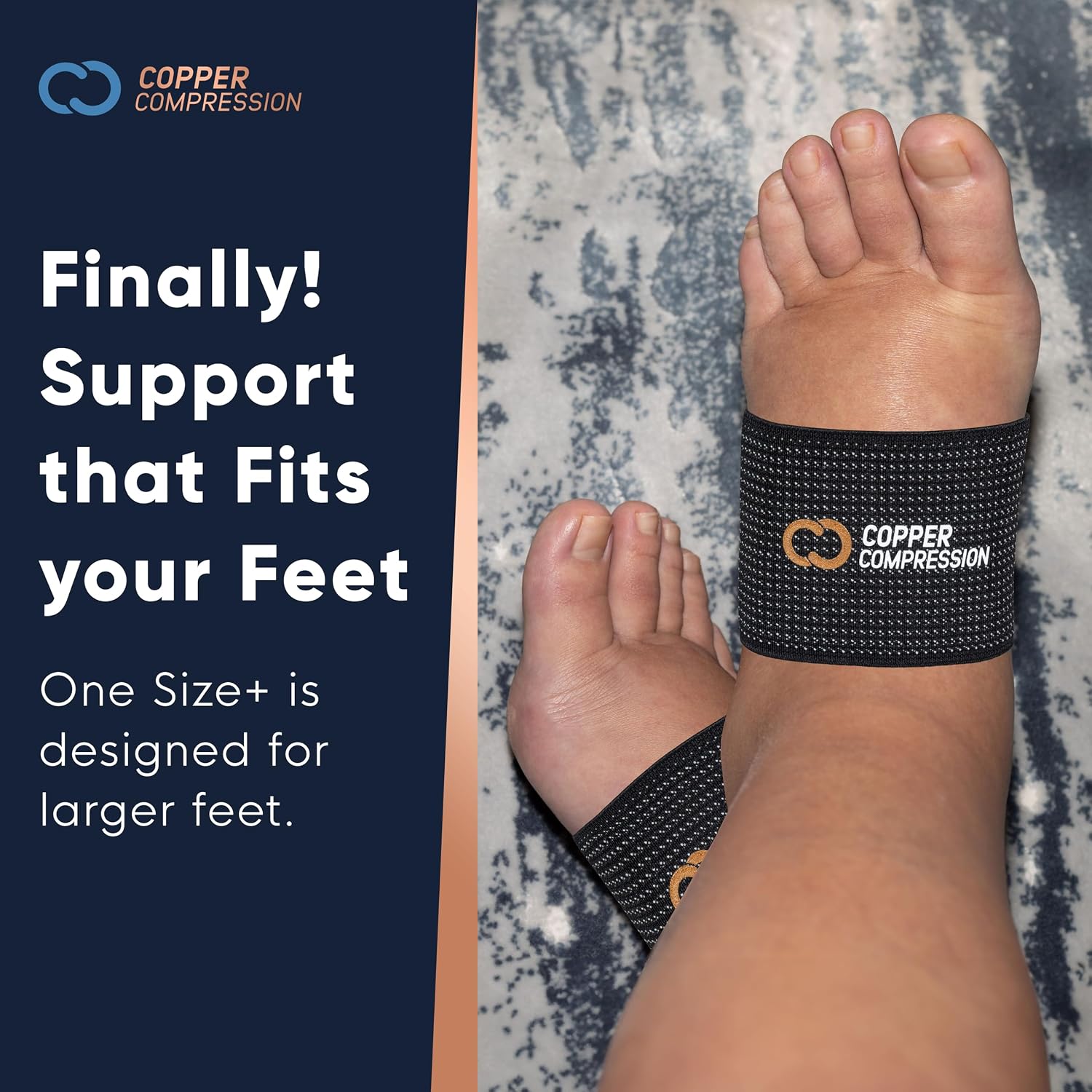 Copper Compression Large Sized Arch Support Sleeves. Targeted Compression for Plantar Fasciitis Symptoms, Pain, Flat Feet & High Arches. Breathable Support for Men & Women - Black