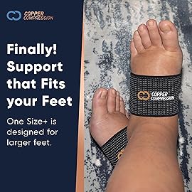 Copper Compression Copper Large Size Arch Support - 2 Pain Relief Foot Care Brace Sleeves for Plantar Fasciitis, Heel Spurs - Wider, Bigger Feet - Flat & Fallen Arches, High Arch - One Size Plus Black