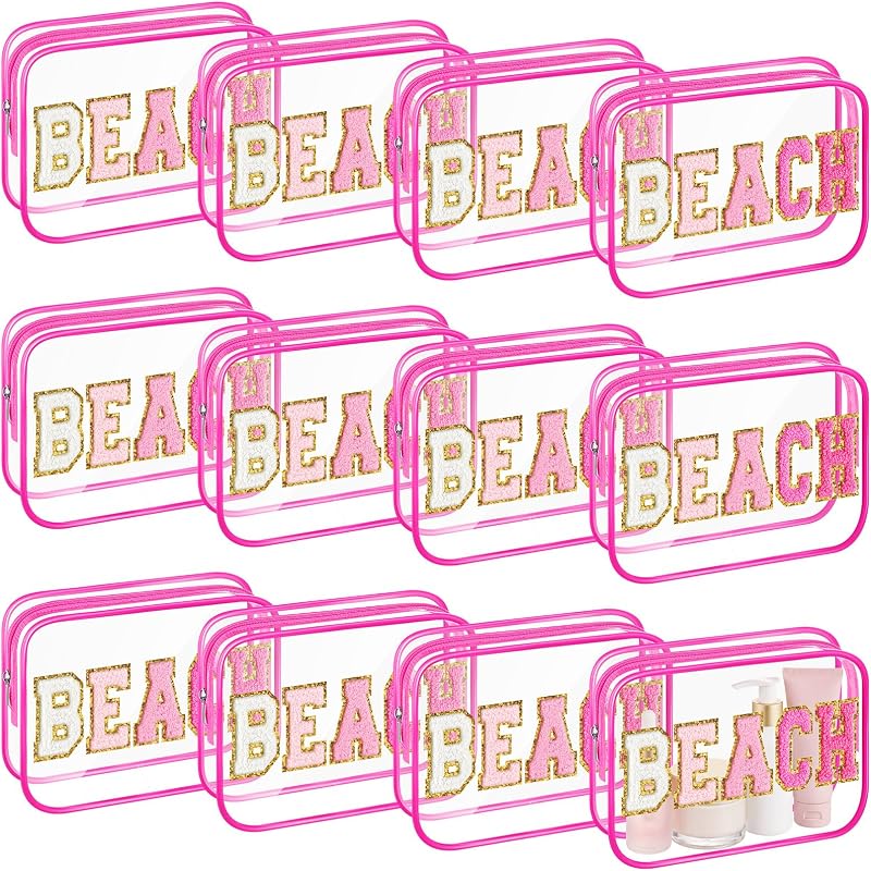 Kacctyen Necessaires de Praia Transparentes com Patch de Letras BEACH, PVC, Rosa-choque, Pacote com 12