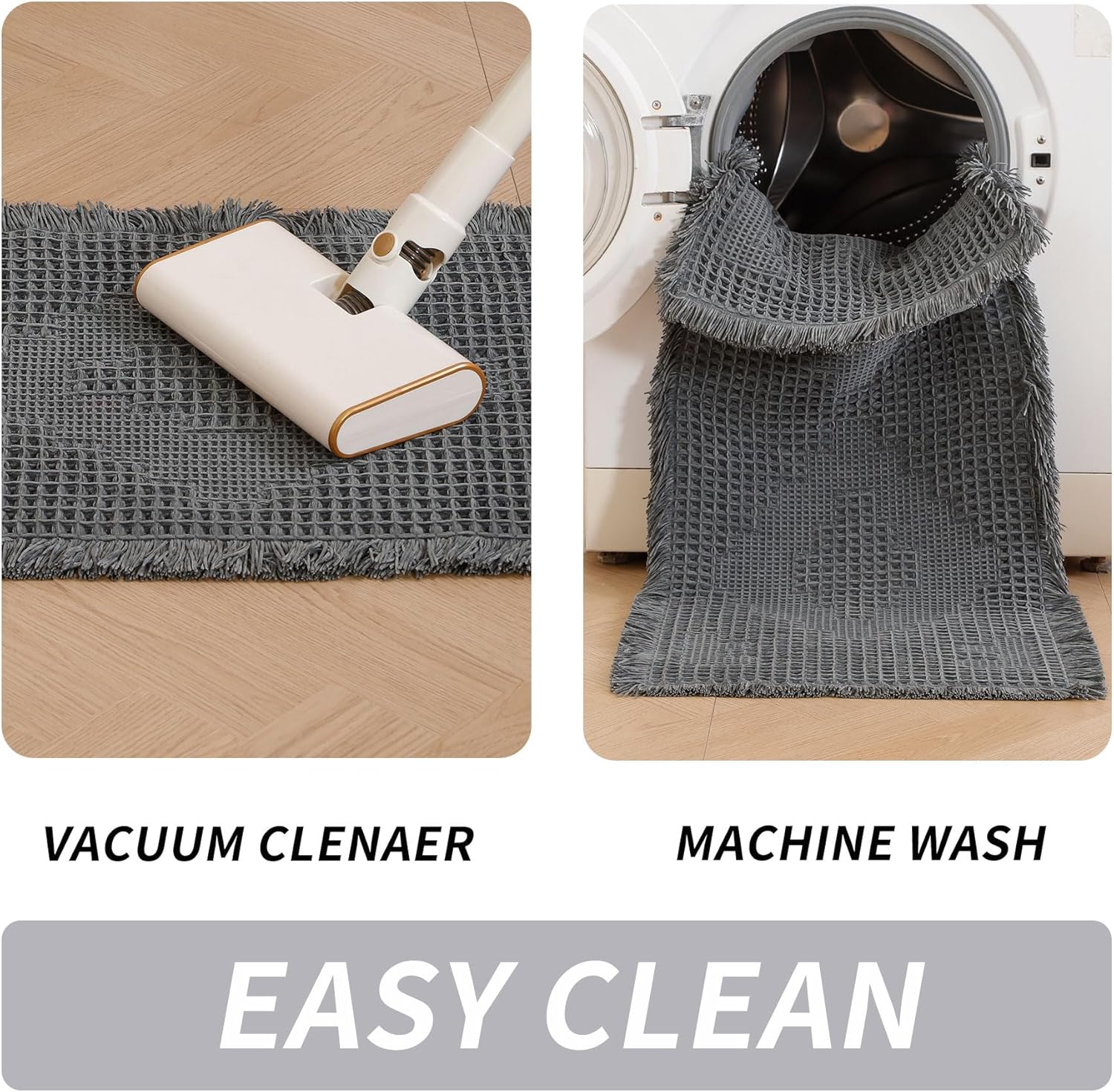 LUFEIJIASHI Non Slip Bath Mats for Bathroom Soft Absorbent Boho Bathroom Rugs with Tassels Waffle Bath Mat Machine Washable Grey, 1'6" x 5'