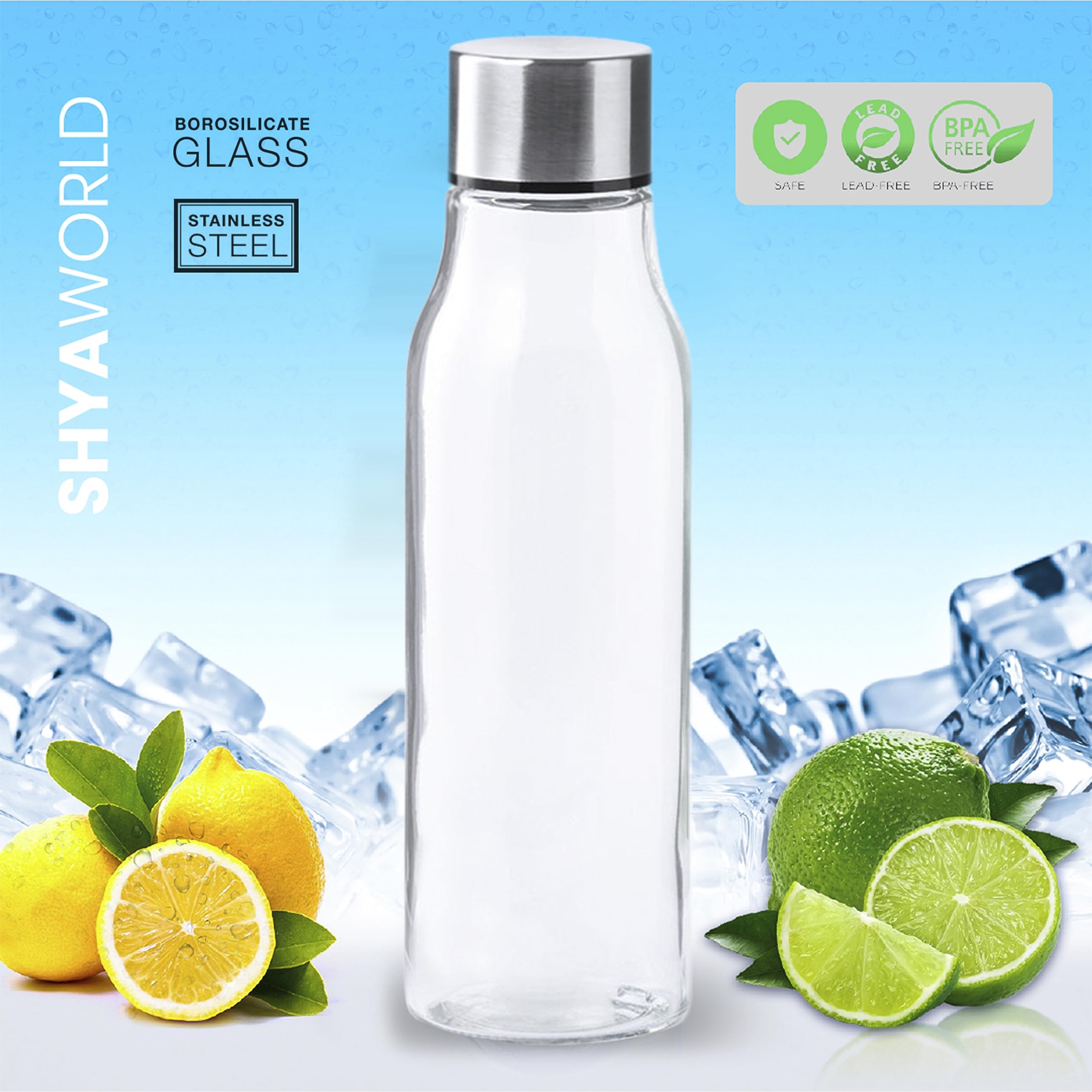 Botella De Cristal para Agua Cuerpo de Acabado Transparente borosilicato Tapón a Rosca en Acero Inoxidable. Cajas Individuales por Botella. (10)