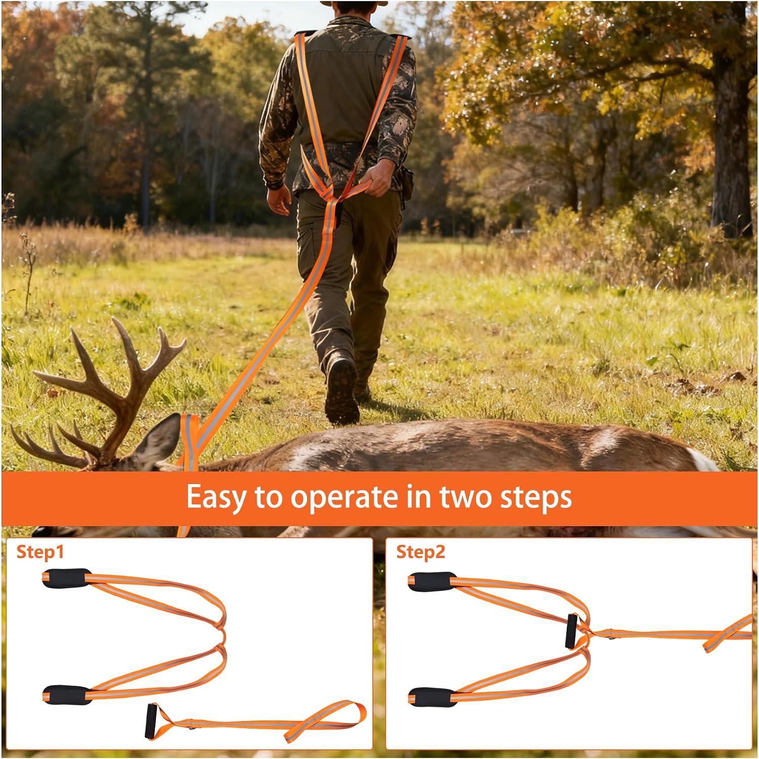Deer Drag Harness,Orange Hunting Gear for Dragging Elk Boar | Deer Drag with Reflective Strip and Widen Shoulder,Hunting Essentials Gear Accessories,400lbs Load Capacity